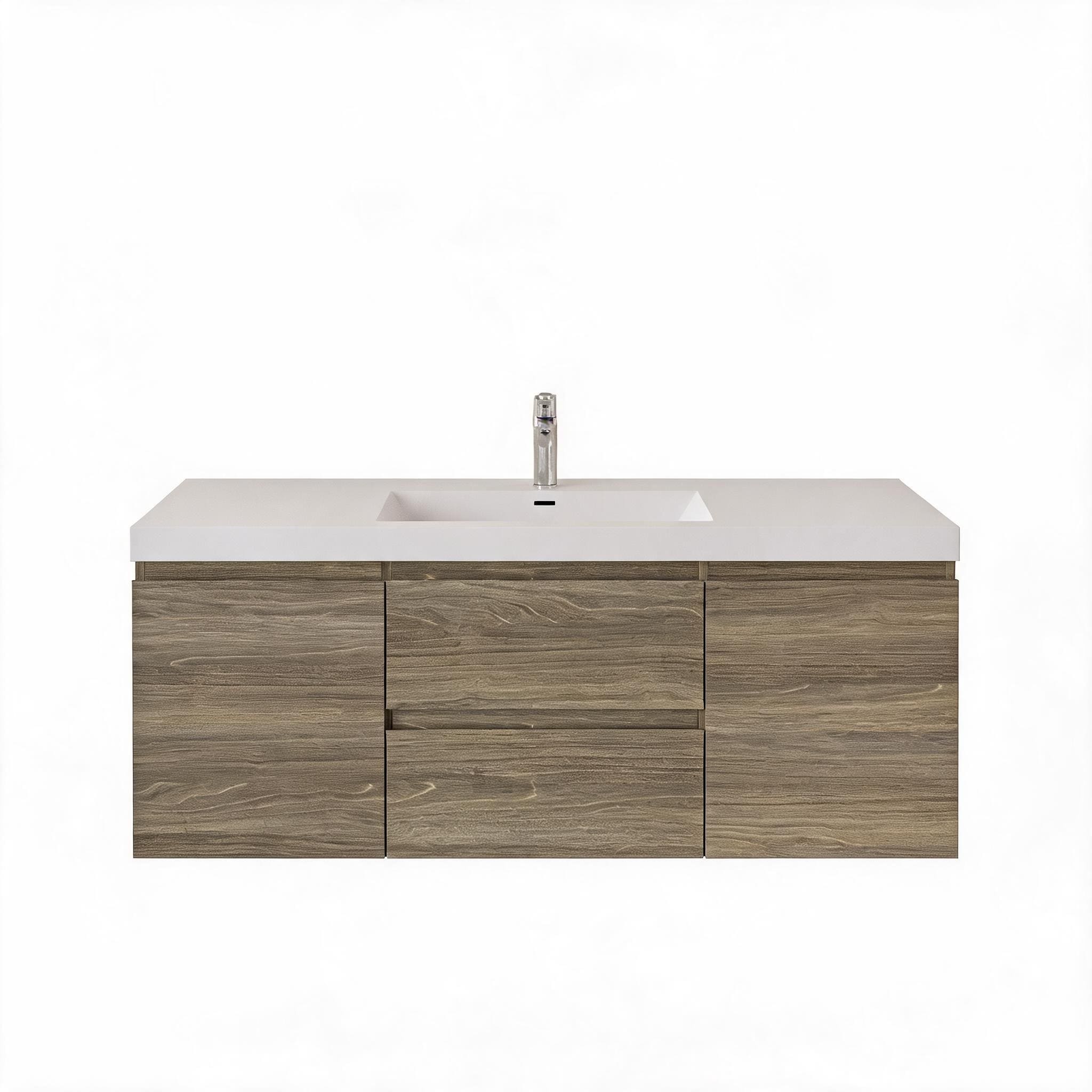 LIVACA 60 inch Ash Grey Floating Bathroom Vanity with Solid Surface Top Basin and Soft Close Drawers with Wall-Mounted Storage Cabinet