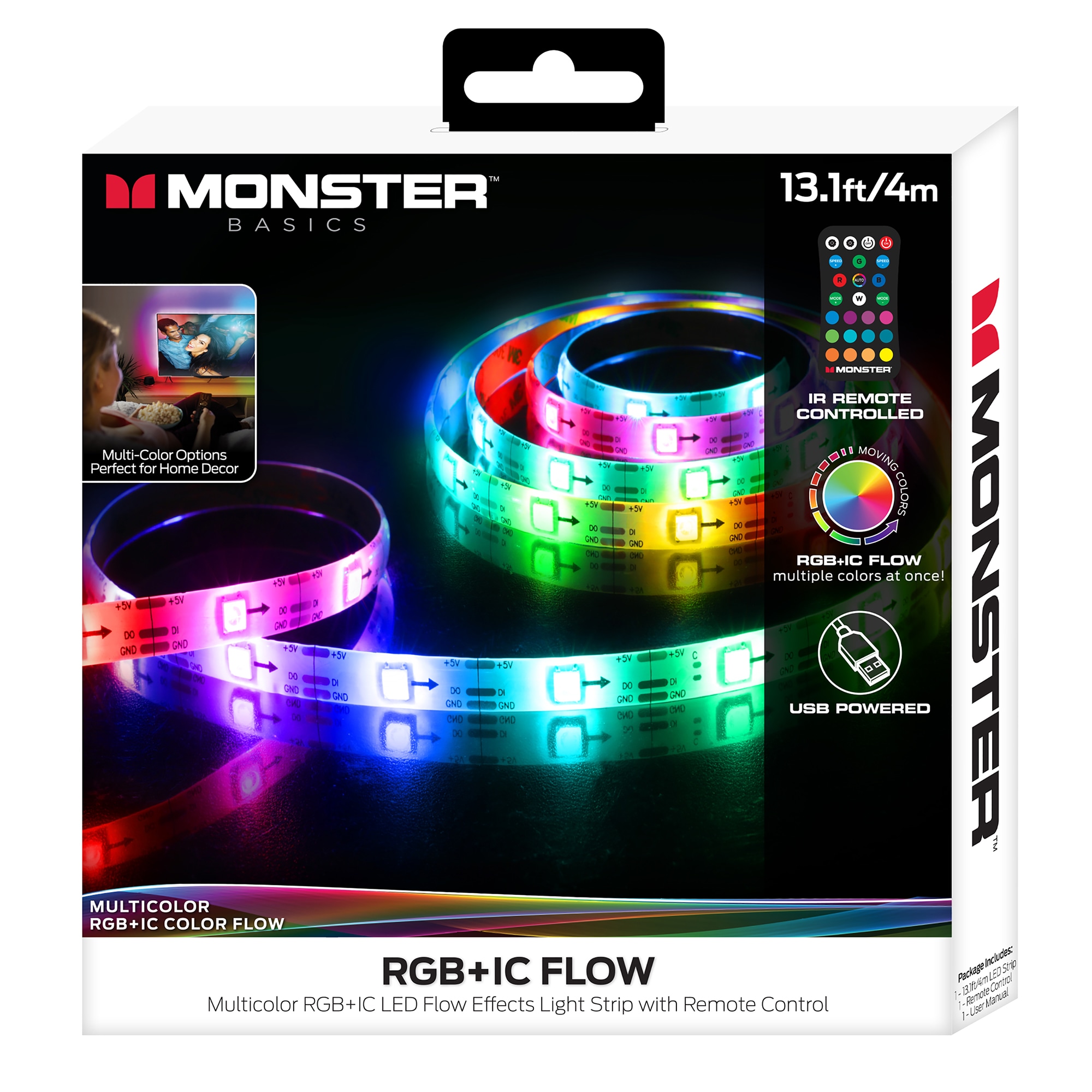 Monster LED 6.5ft Multi-Color Indoor Light Strip, Multi-White, USB Plug,  Remote 