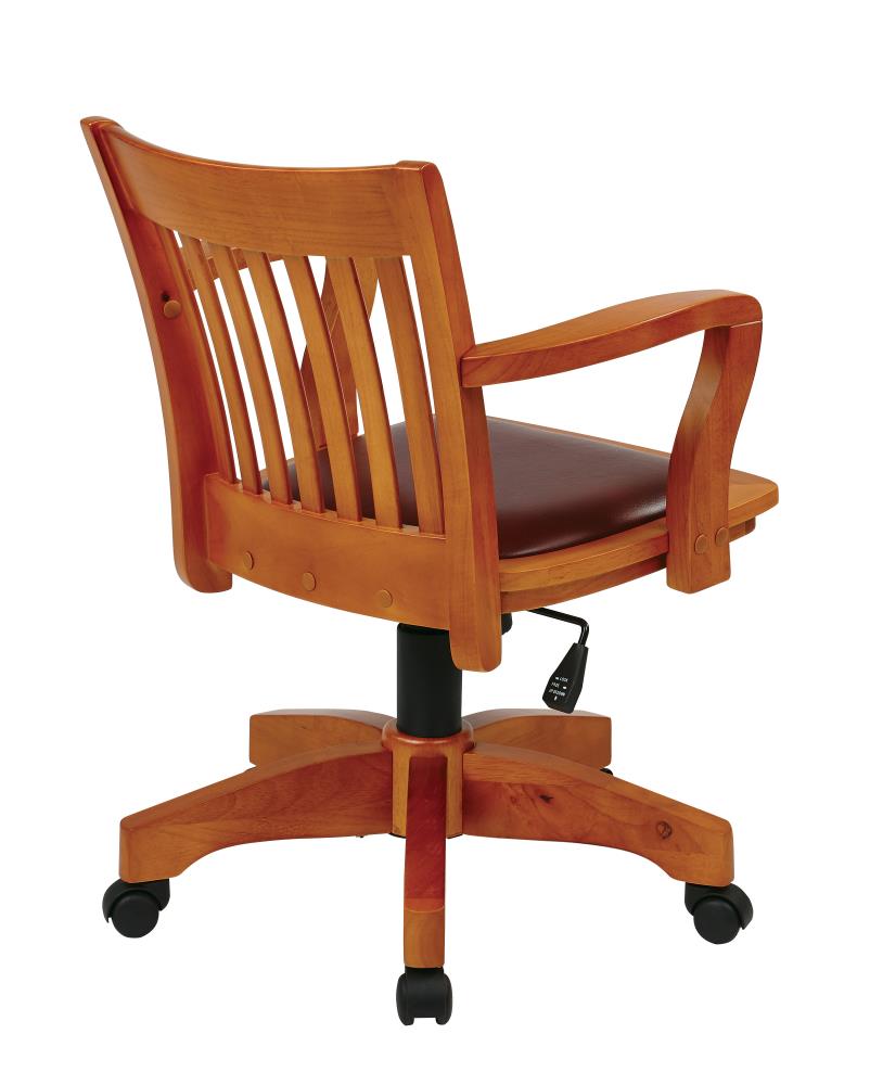 Deluxe Fruitwood Finish Wood Banker's Desk Chair with Brown Vinyl Seat