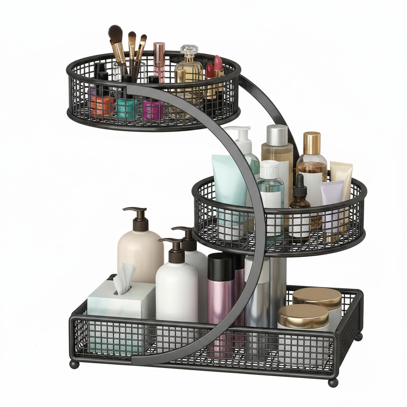 Paradigms Interiors 3 Tier Spiral Countertop Organizer Shelf Multi-purpose Metal Storage Rack for Cosmetics Toiletries Spices No Assembly Required