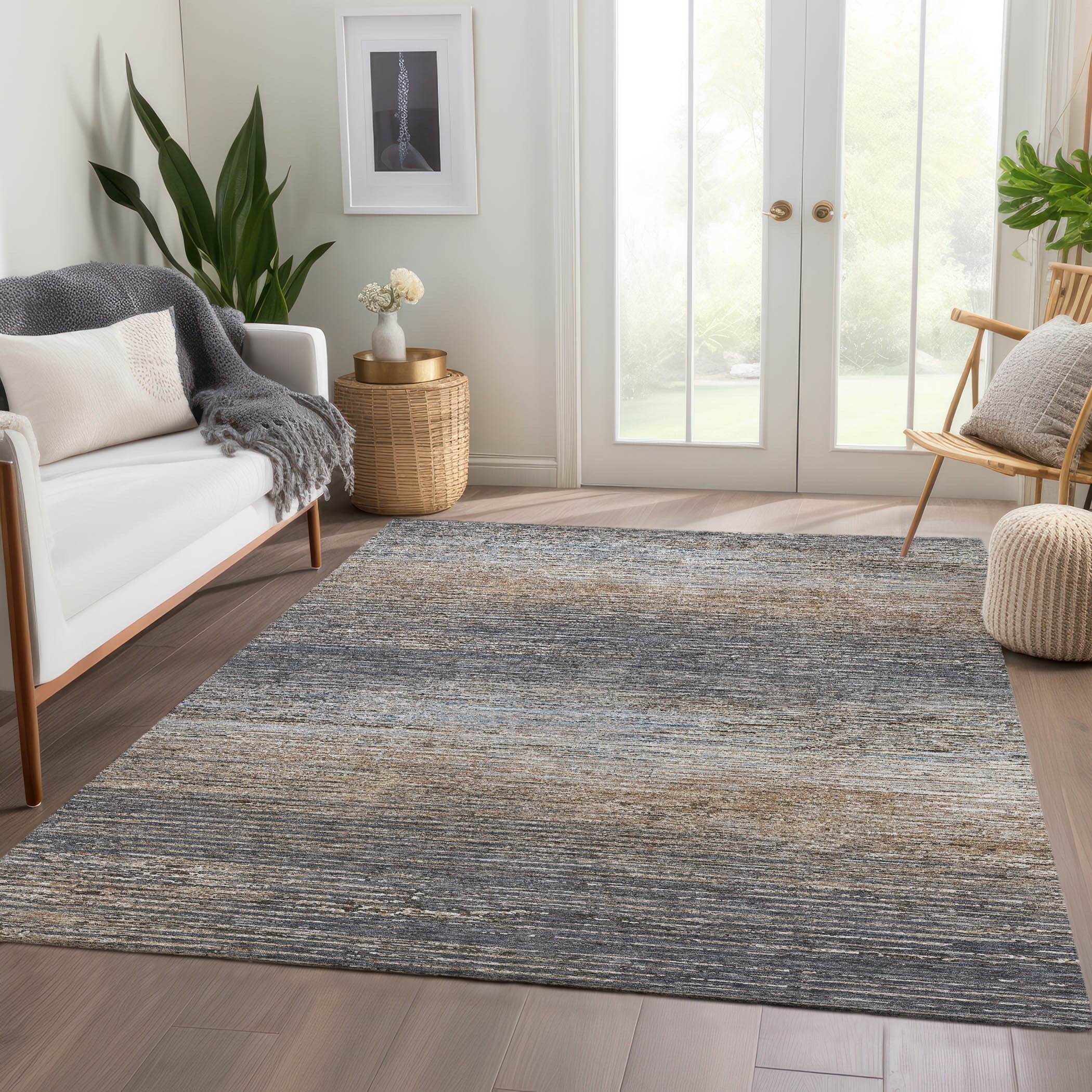 Pewter and Beige Stripe Washable Synthetic Rug 3' x 5'