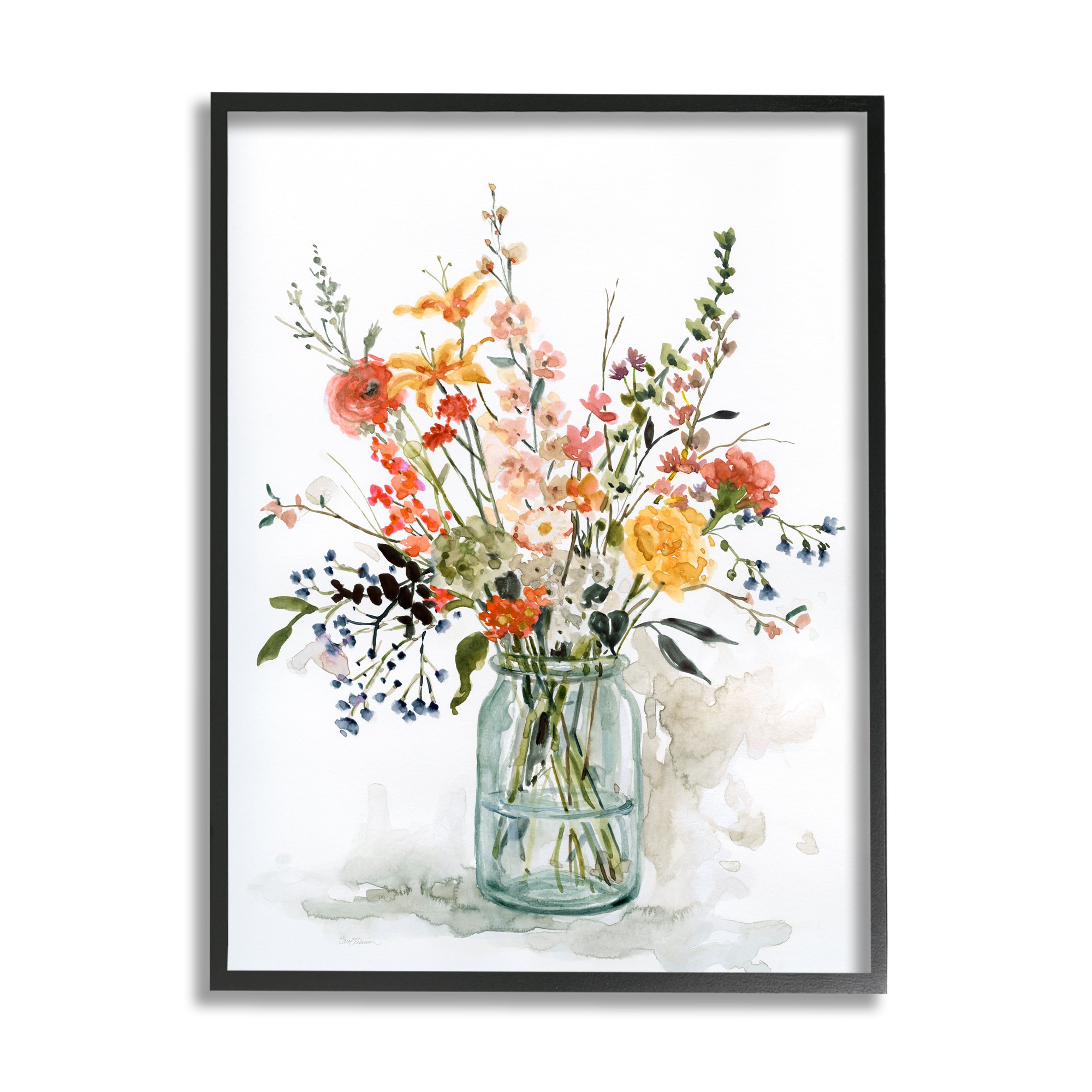 Warm Summer Meadow Floral Bouquet Still Life Black Framed Canvas Print