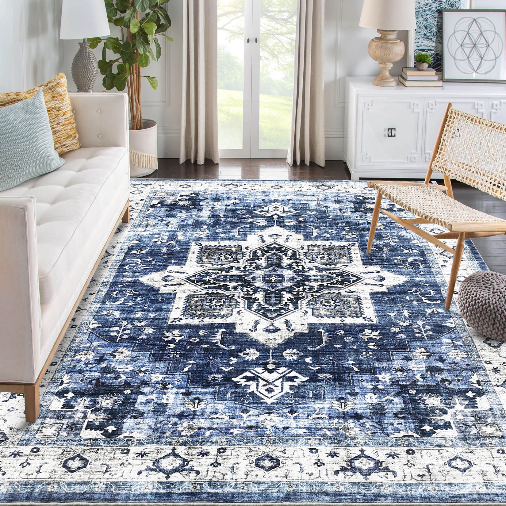 Garvee YXY-LO-PHO-0YI43XTP 8 x 10 (ft) Loomed Blue Rectangular Indoor Floral/Botanical Persian Machine washable Area rug