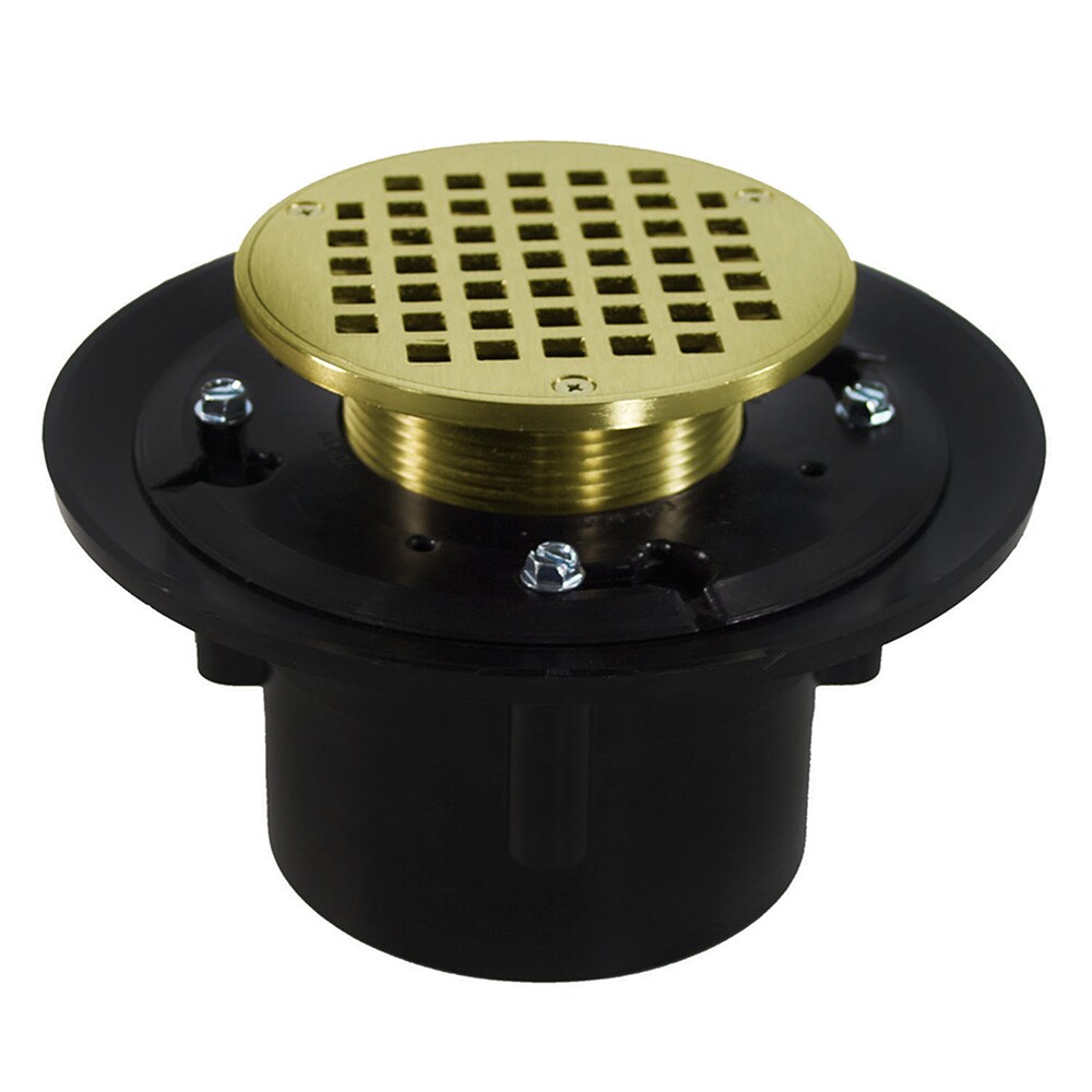 Jones Stephens 2 inch x 3 inch Heavy Duty ABS Floor Drain Base with 3-1/2 inch Metal Spud, 8-1/2 inch Pan and 5 inch Polished Brass Round Strainer -  D49056