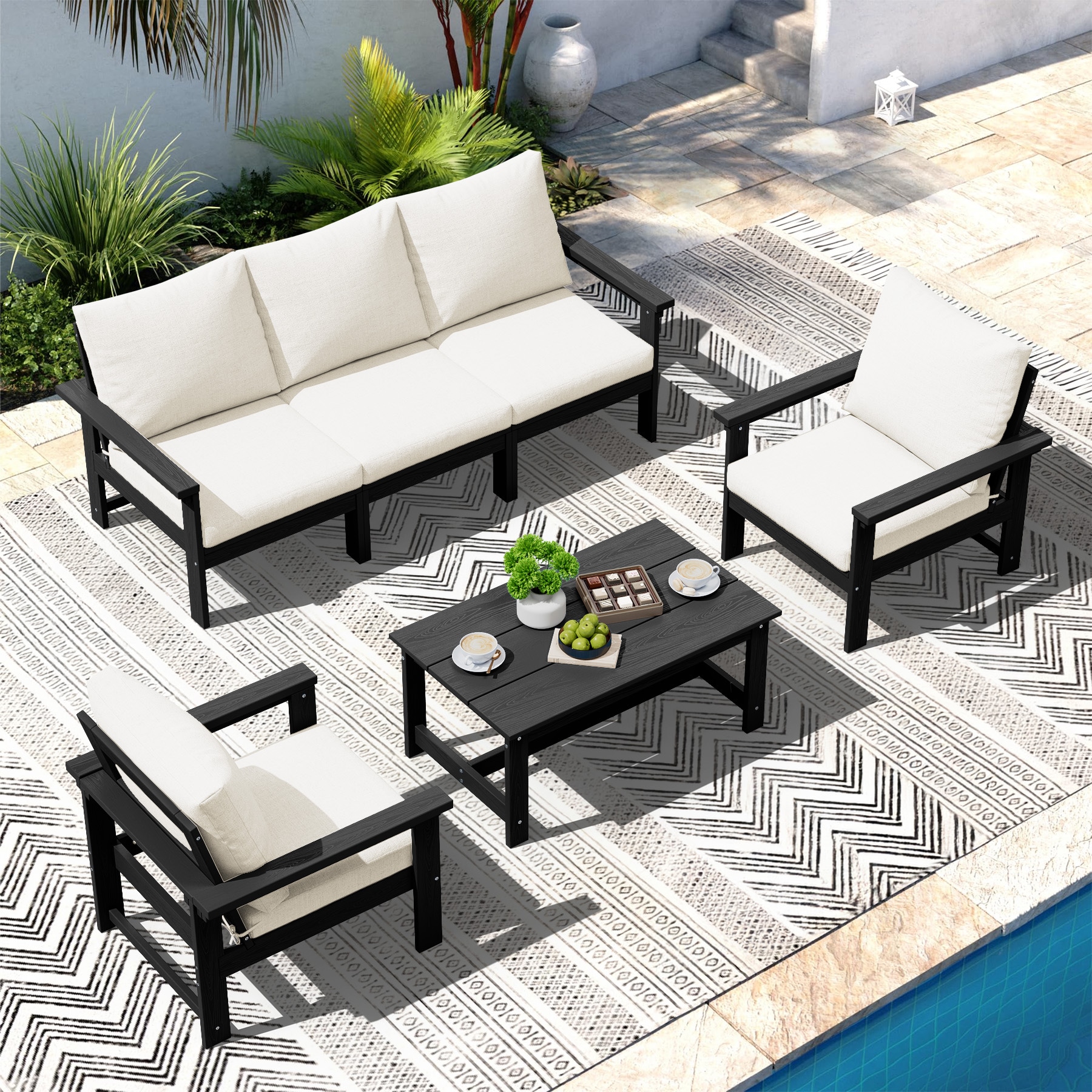 JEAREY PEZHSF06-BK Durable HDPE Patio conversation Set with Coffee Table Outdoor Sectional with Beige Cushions and HDPE Frame