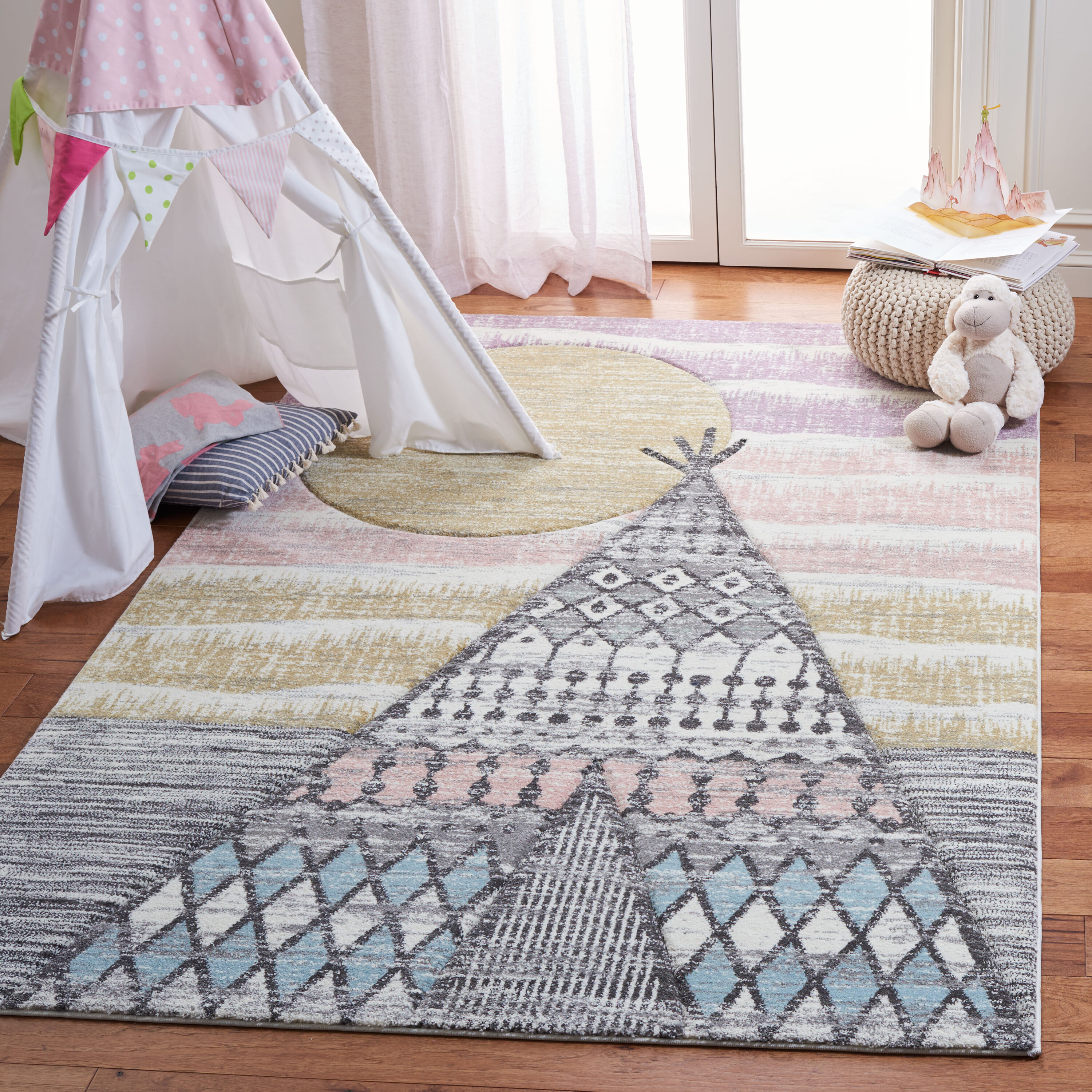 Carousel Kids 117F Grey/Pink 4ft x 6ft Small Rectangle Rug
