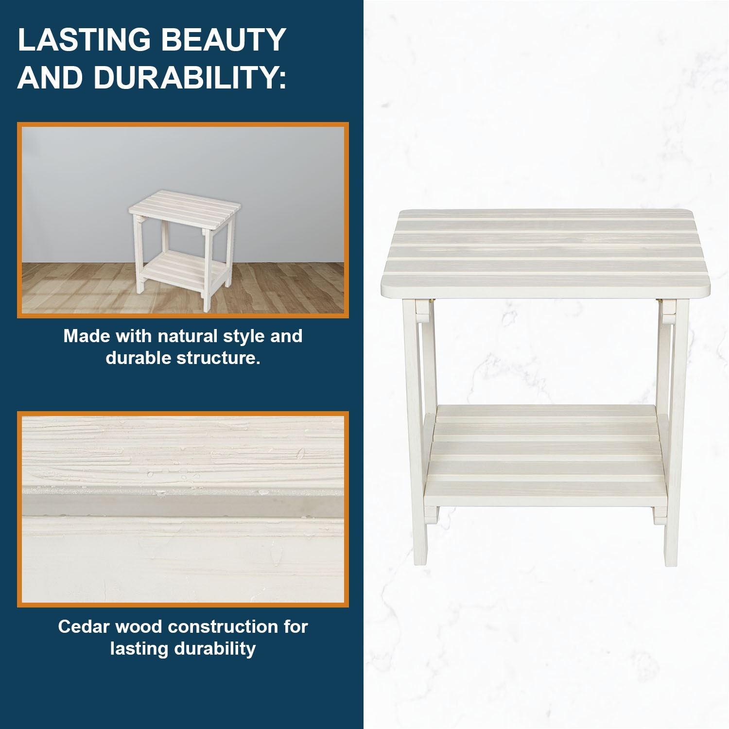 Eggshell White Cedar Wood Rectangular Side Table with Shelf