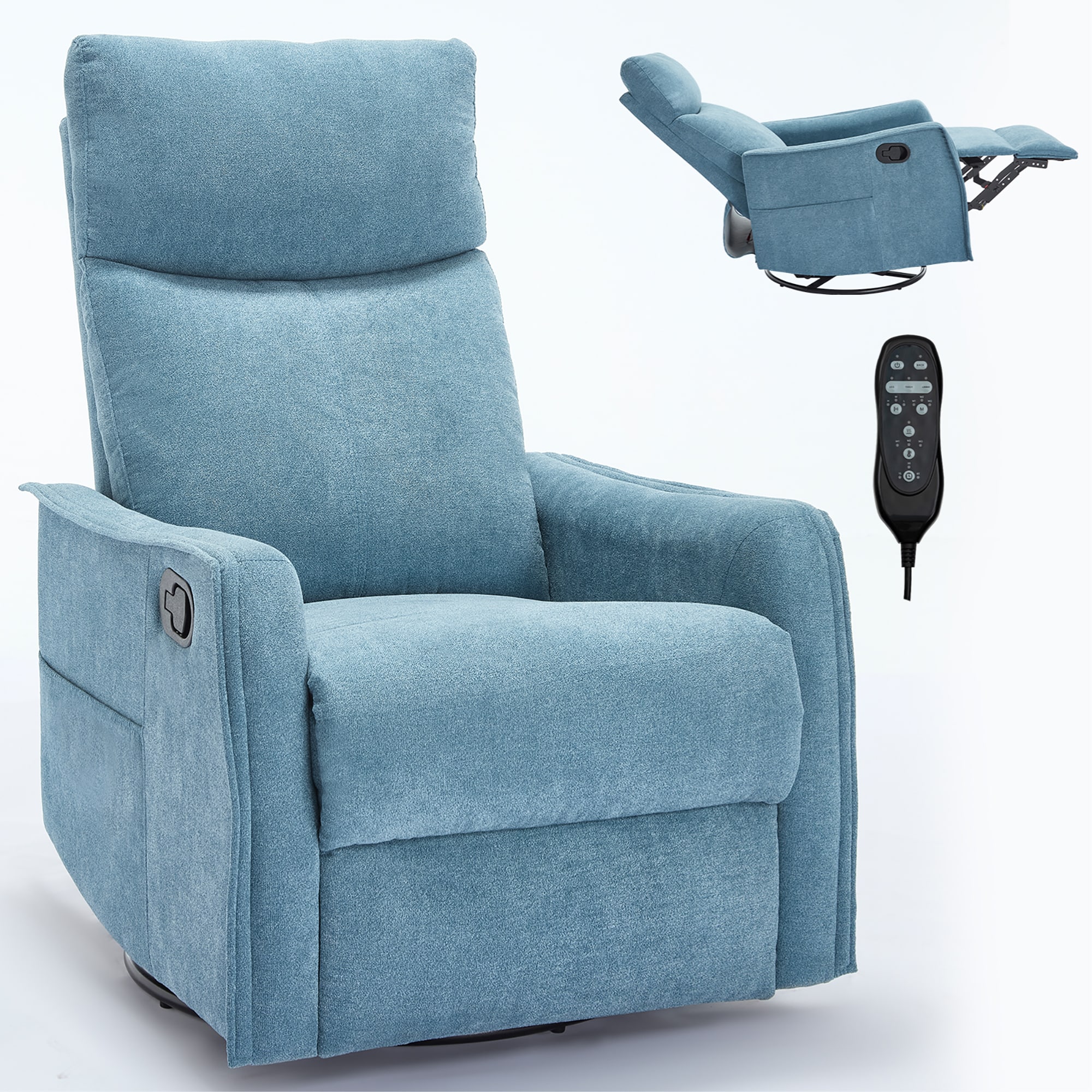 Clihome - Manual Swivel Rocking Recliner Chair Blue Polyester Upholstered