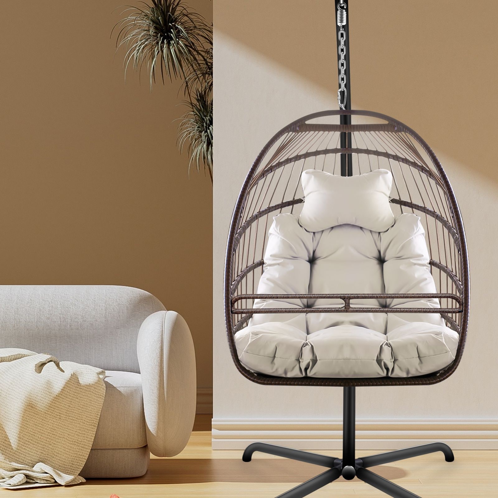 Oizaye ZWG-66745 Bronze Metal Frame Hanging Egg Chair with Off-white Cushioned Seat