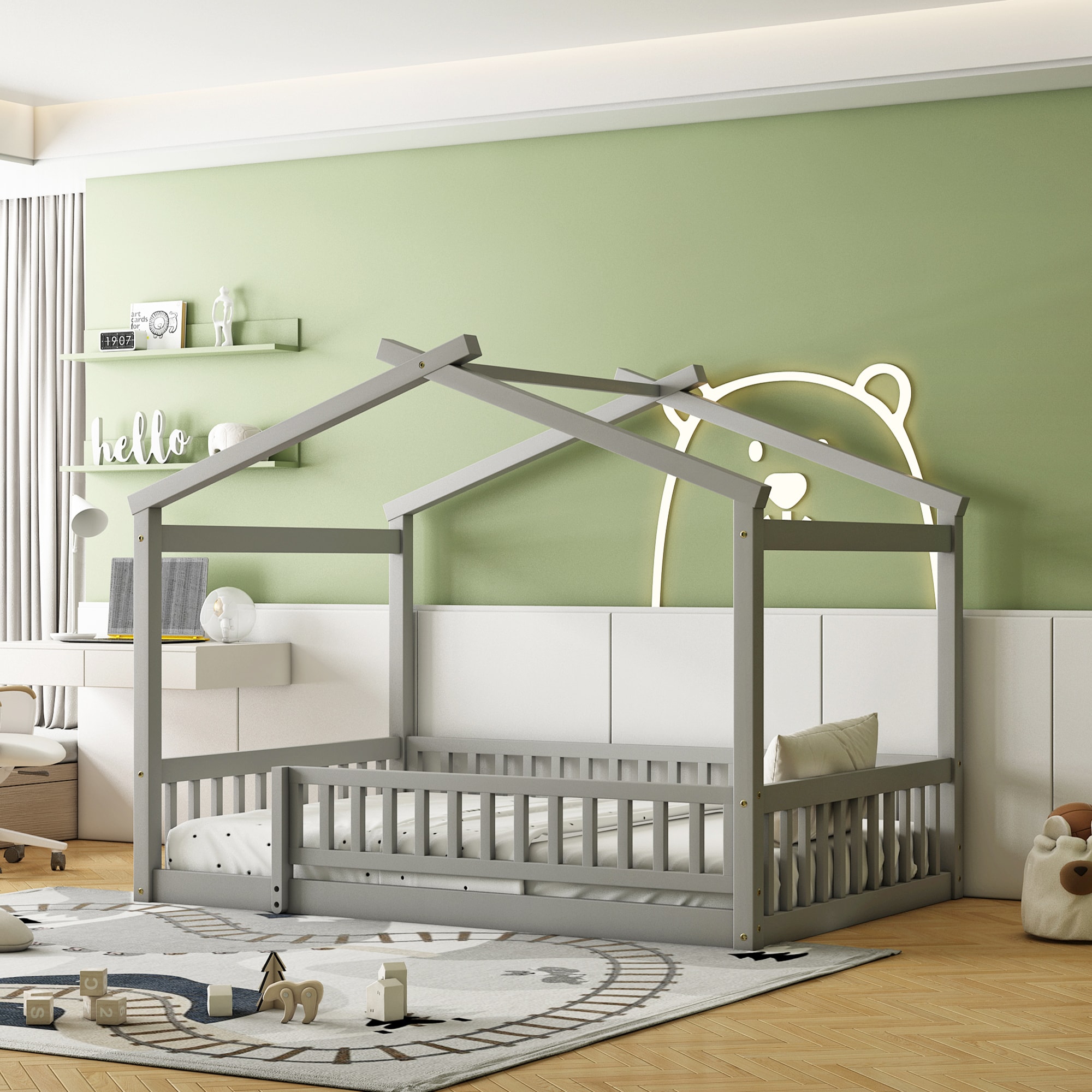 Huluwat - Full Size Wood Bed House Bed Frame with Fence for Kids Teens Girls Boys Gray