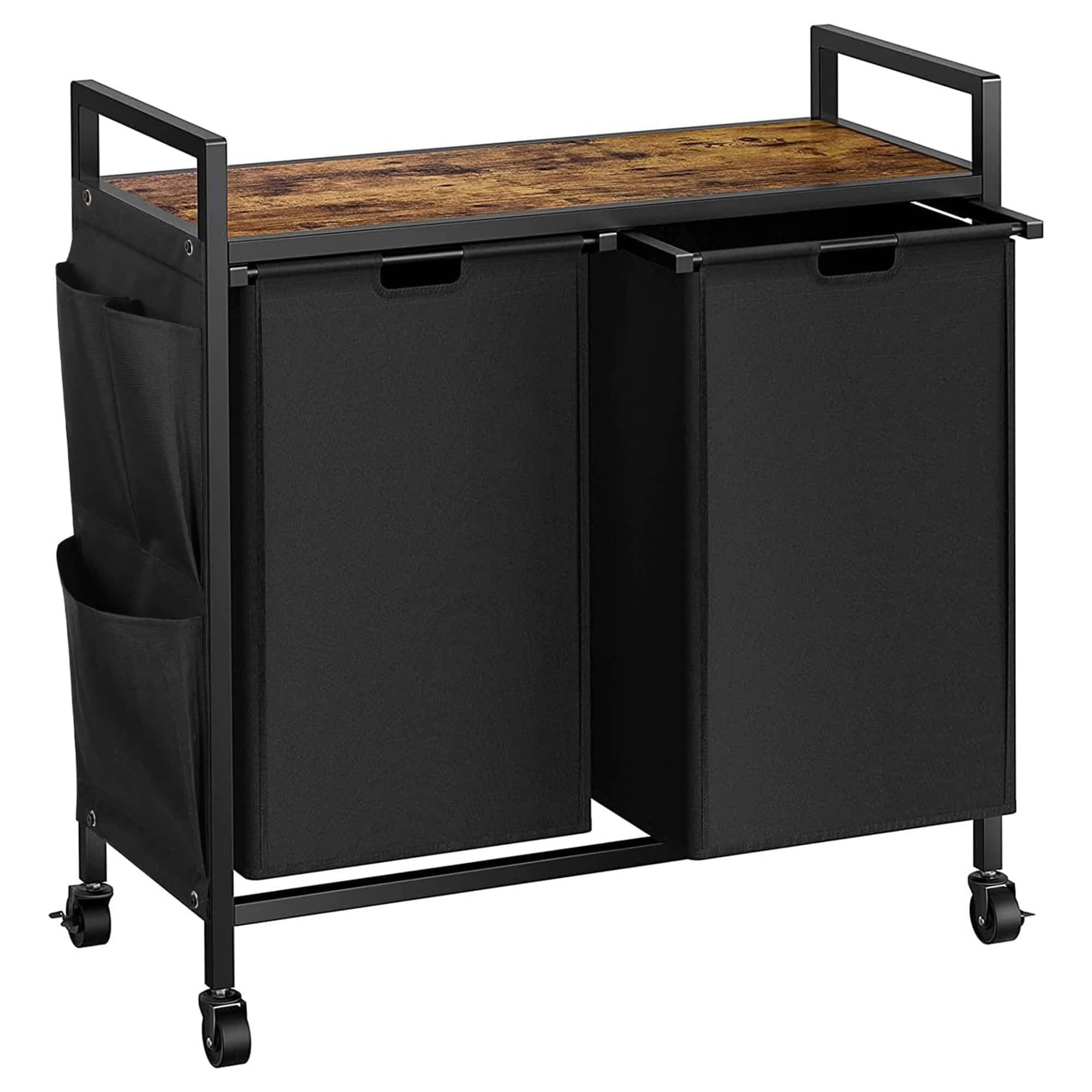 WOWLIVE 319743 Rolling 110L Double Laundry Hamper Clothes Basket Organizer with Metal Frame Wooden Lid Top Shelf and 2 Removable Bags Brown/Black