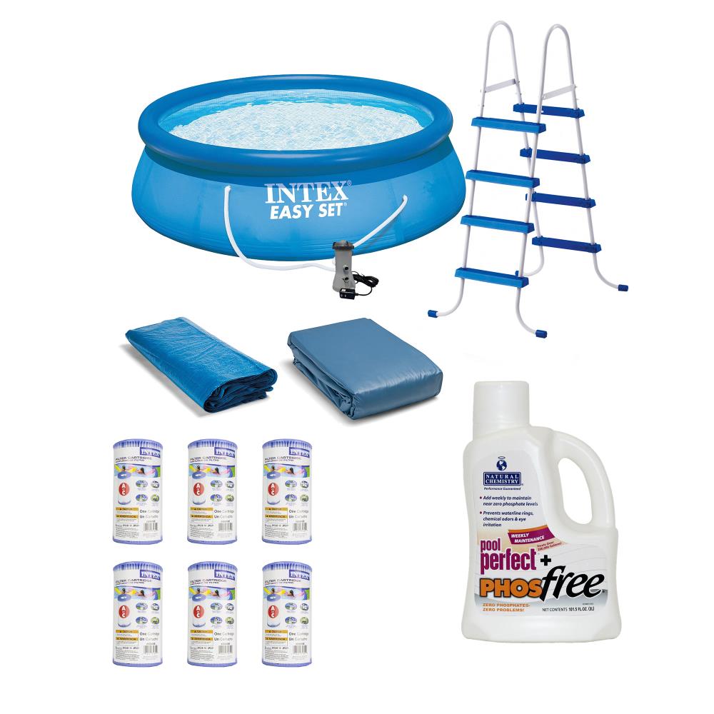 Intex 141262 15-ft x 15-ft x 48-in Inflatable Top Ring Round Above-Ground Pool with Filter Pump,Ground Cloth,Pool Cover and Ladder