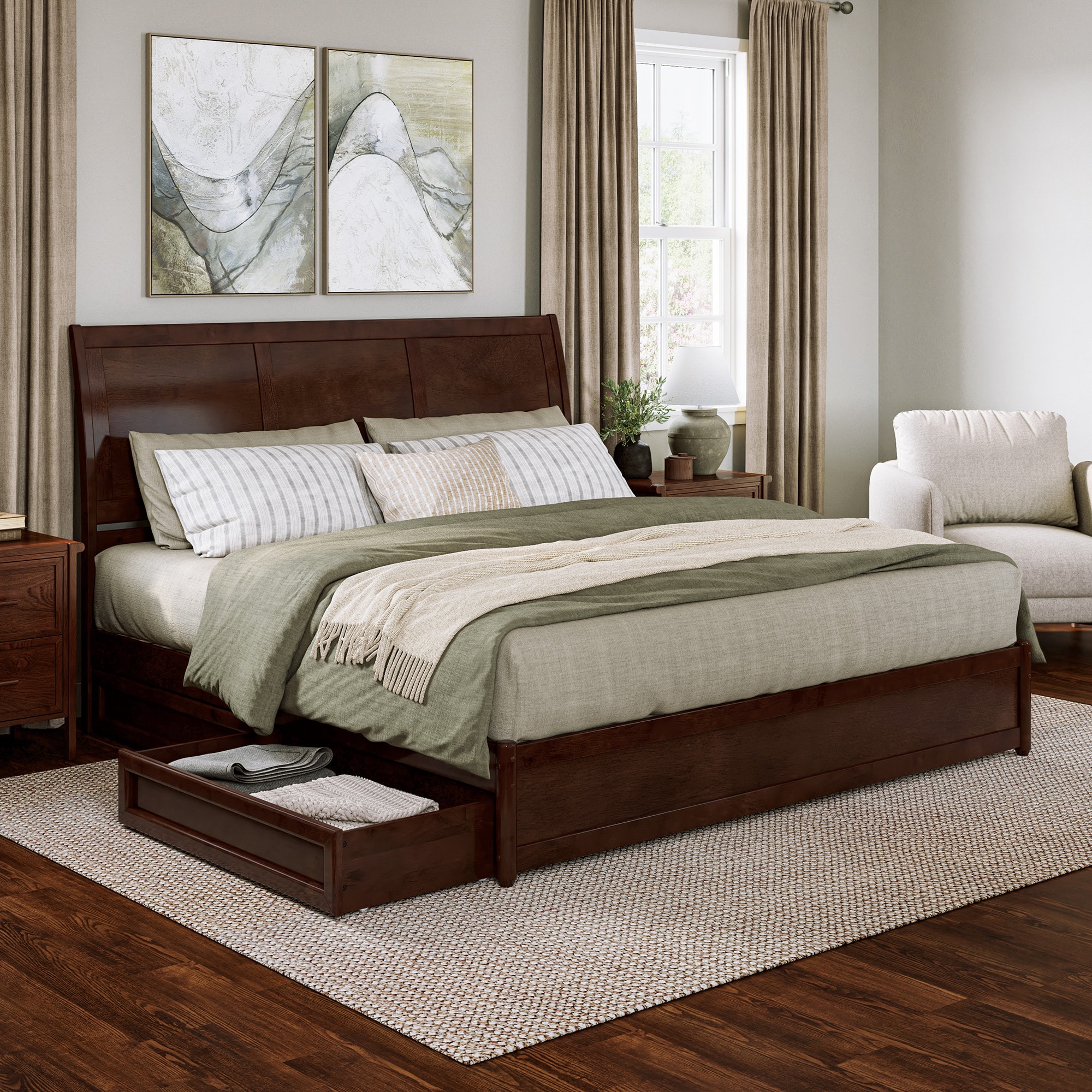 AFI AR8987154 King Walnut Wood Platform Bed Storage with Headboard
