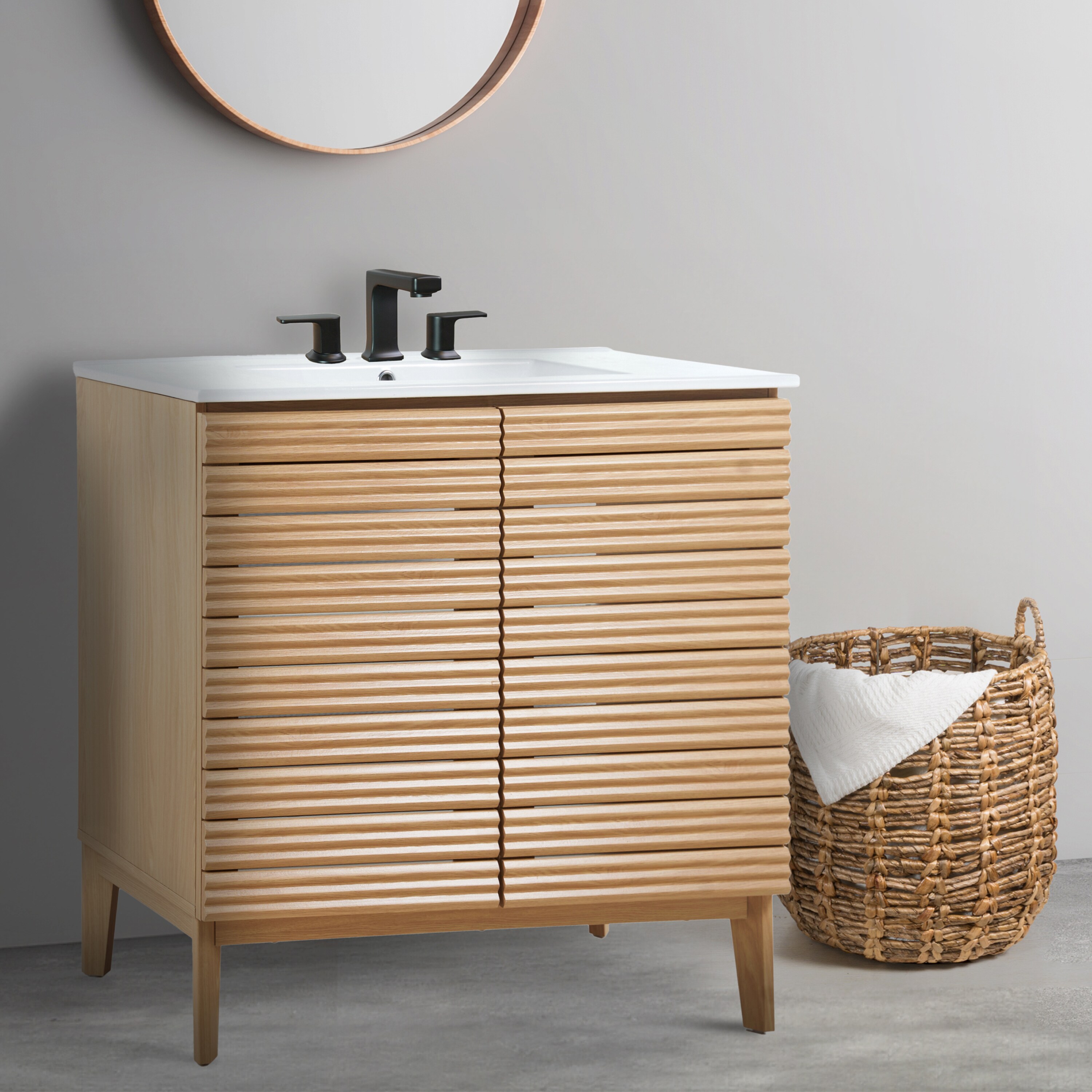 Calandre 36" Oak Slat Modern Farmhouse Bath Vanity Cabinet