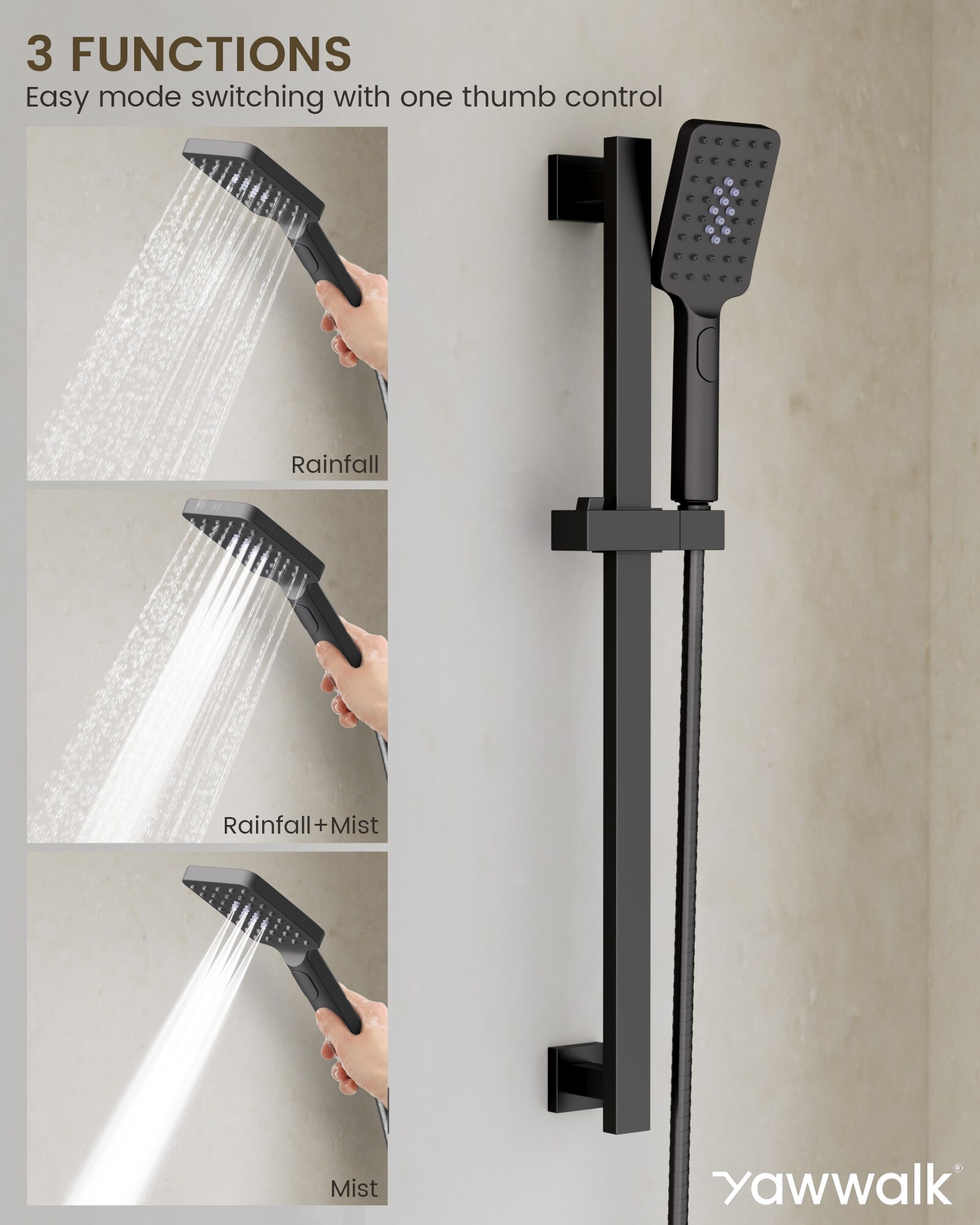 YAWWALK Y11W35-MB Showerhead-Bar-Panels - View #4