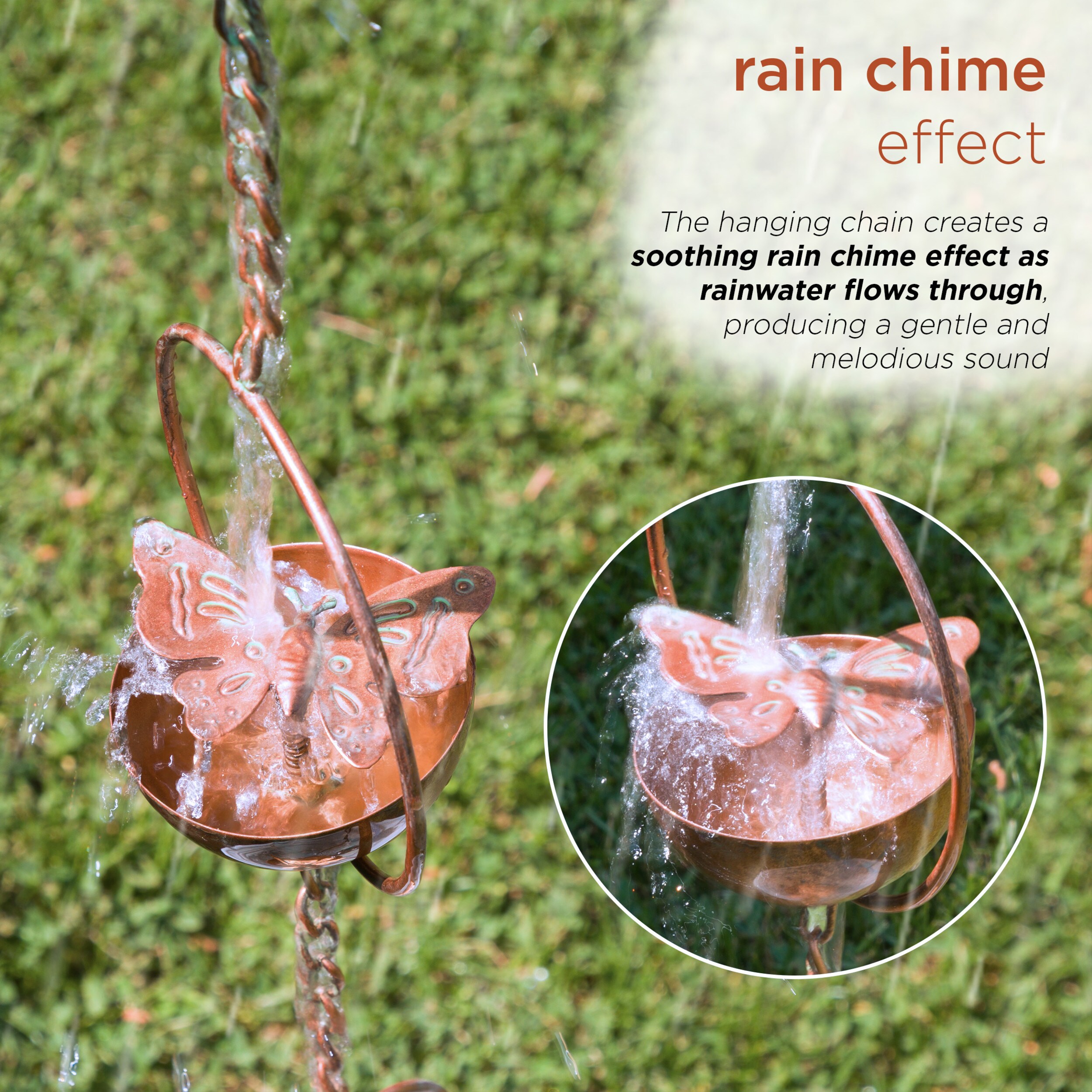 Copper Iron Hanging Butterfly Rain Chain with Spring, 73" Outdoor Decor