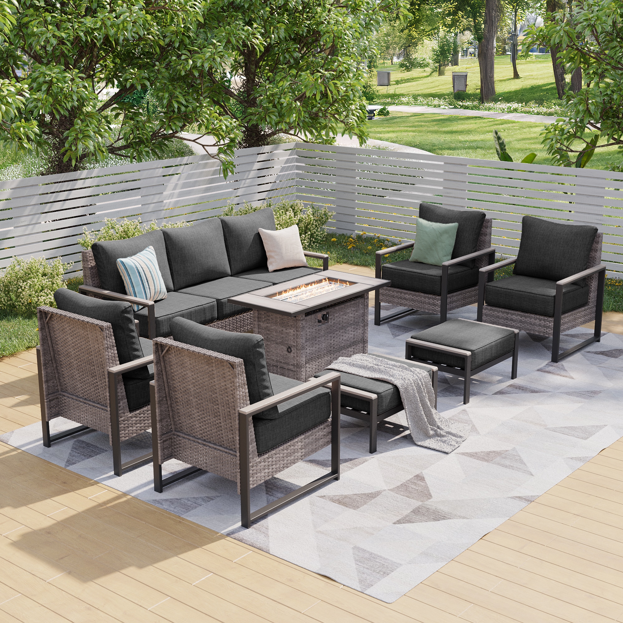 ACEGOSES LW-PS-148HBK-S2T5 Skytop 8 -Piece Wicker Patio Sofa Conversation Set with Black Cushions