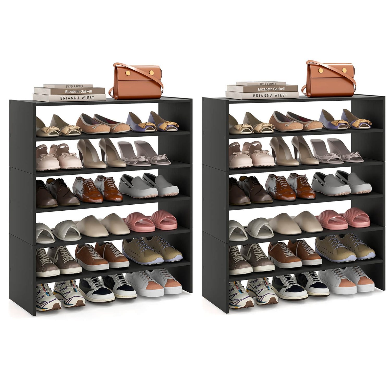Costway CSHY001643 6 PCS Stackable Shoe Rack 31-Inch Horizontal Organizer 2-tier StorageShelf Black
