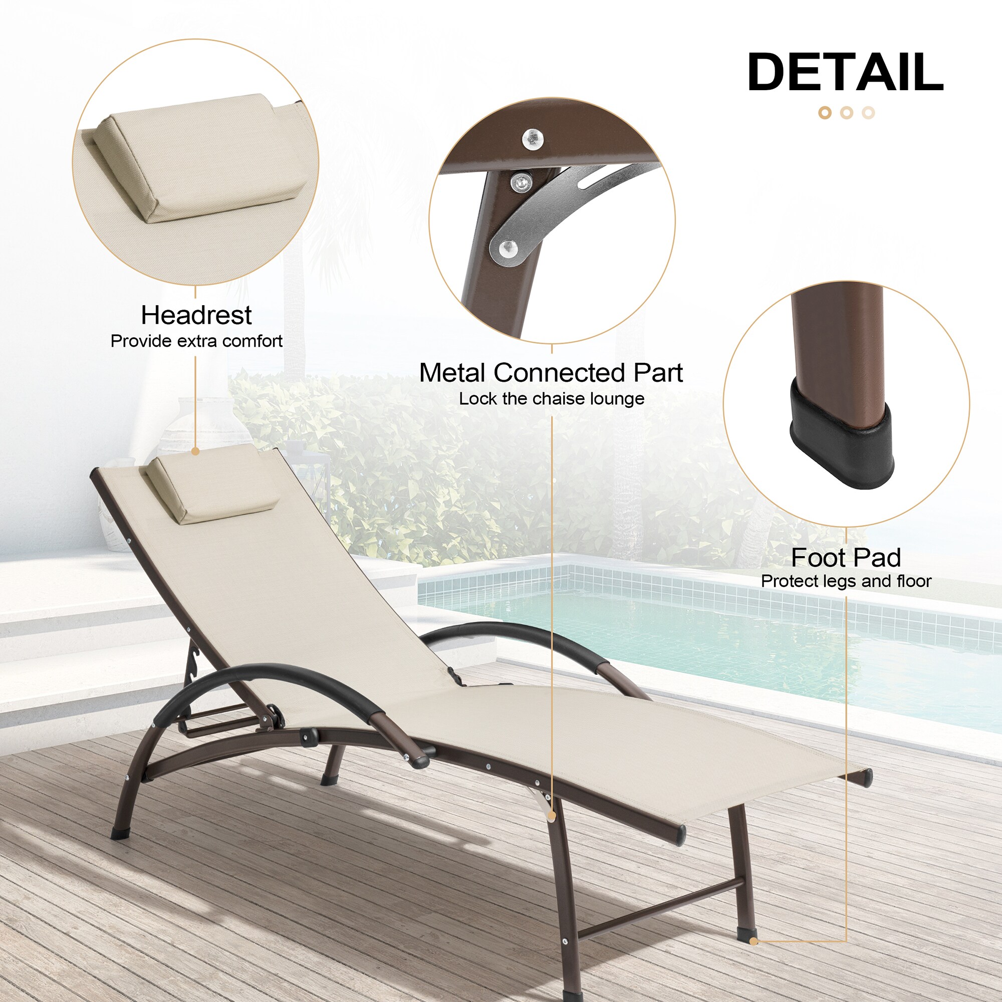 Tan and Brown Metal Adjustable Chaise Lounger Set with Cushions