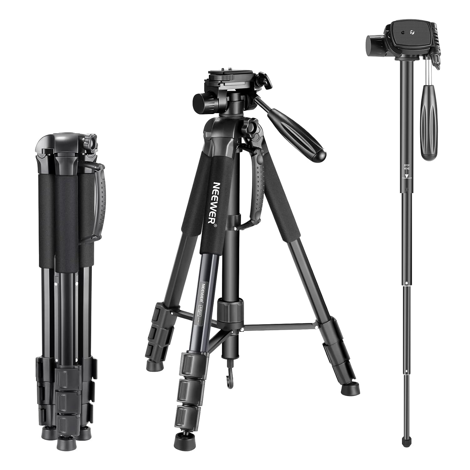 NEEWER Aluminum Alloy 2-in-1 Camera Tripod and Monopod with 3-Way Swivel Pan Head and Carrying Bag Max Height 70 in for DSLR and DV Video Camcorders