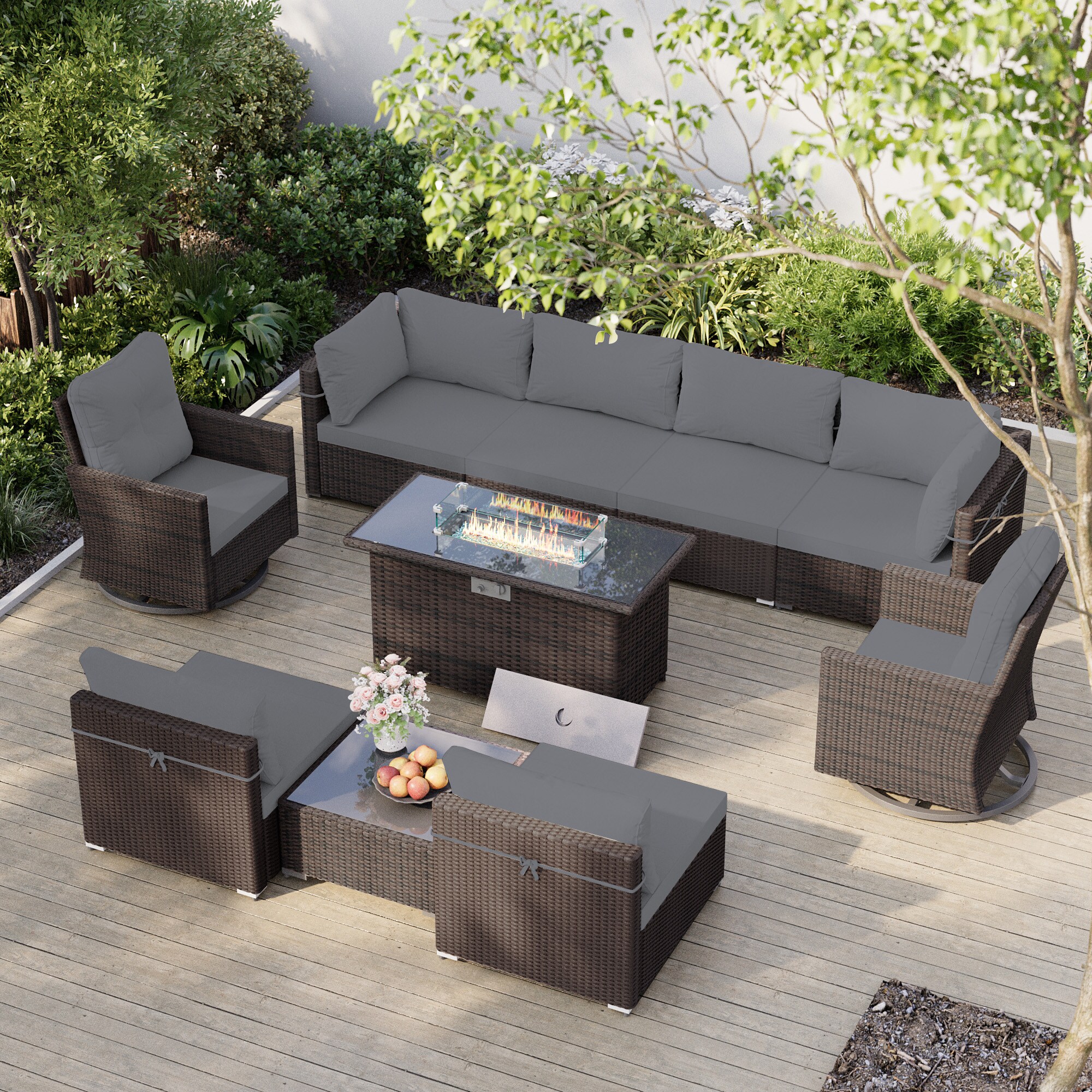 UPHA TBBR-ABC43Y11-DGAY Patio Conversation-Set 10-Piece Wicker Patio Conversation Set with Gray Cushions