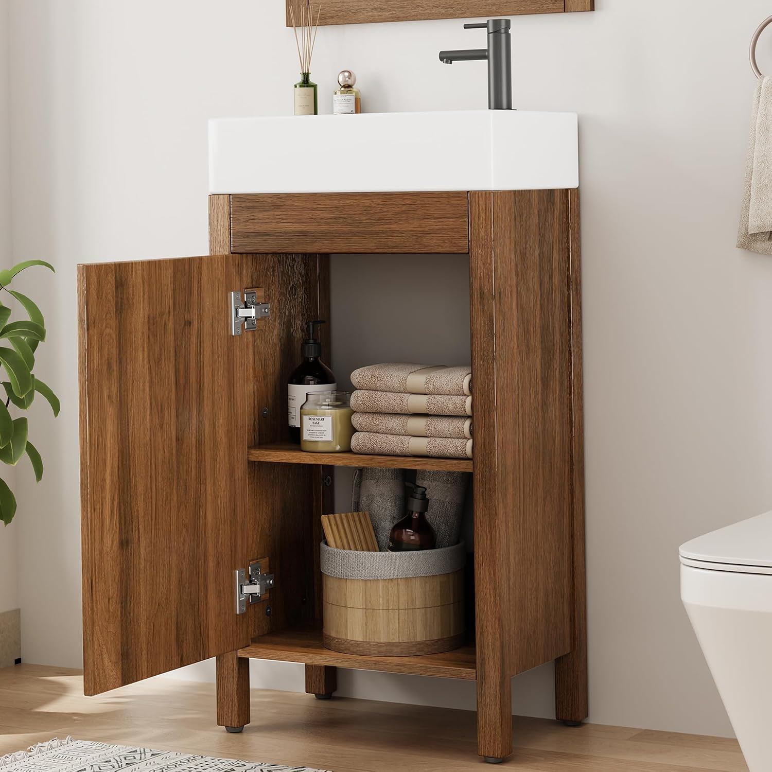 GAOMON 16-in Walnut Single Sink Bathroom Vanity with Ceramic Sink Top Drawer and Cabinet Storage