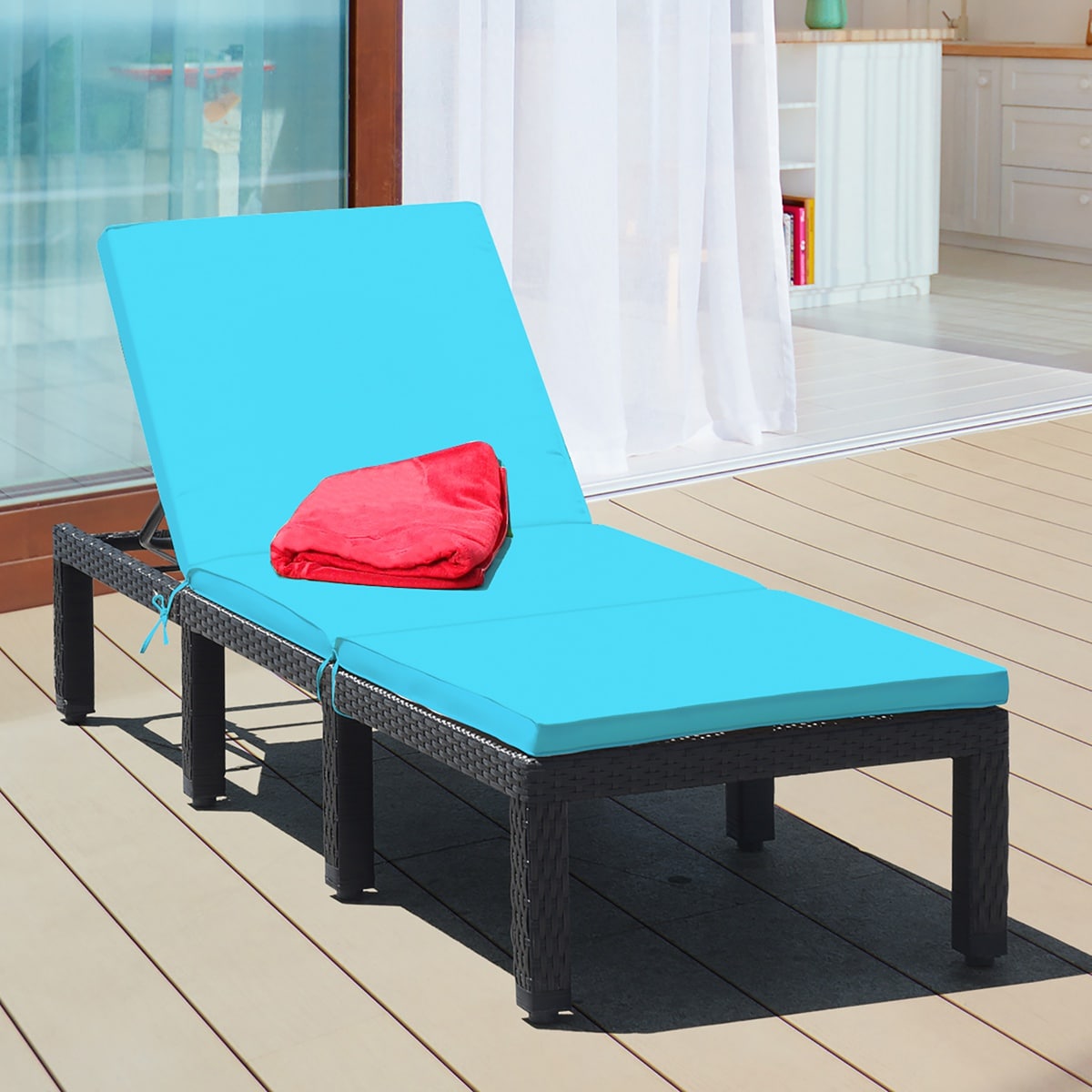 Costway HW62360TU Patio Rattan Lounge Chair Height Adjustable Turquoise