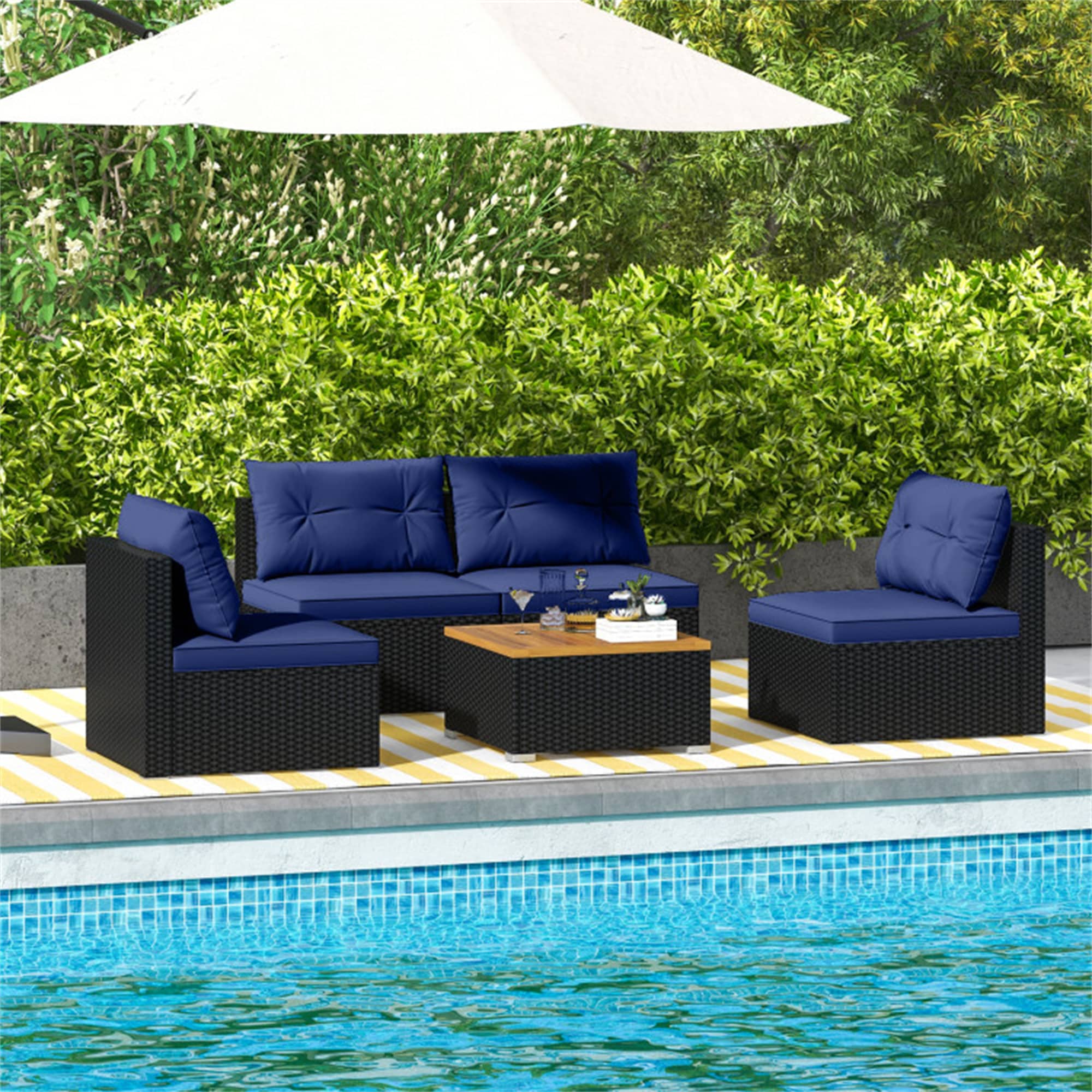 BABOOM BOM-73007NY-CO 5 -Piece Rattan Patio Conversation Set with Navy Cushions