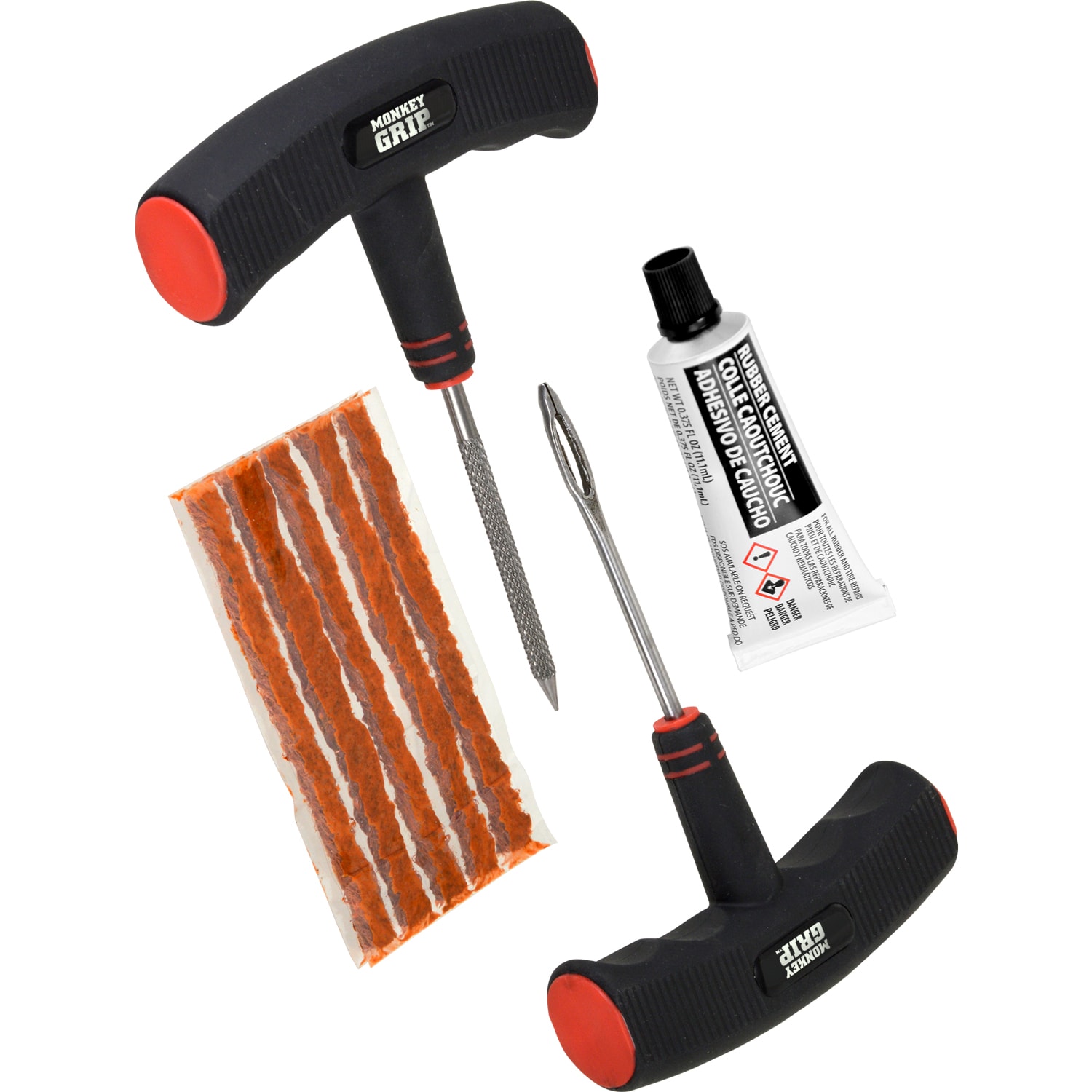 Monkey Grip Heavy Duty Tire Repair Kit - Co-Molded T-Handle Tools, 5 Plugs,  Rubber Cement