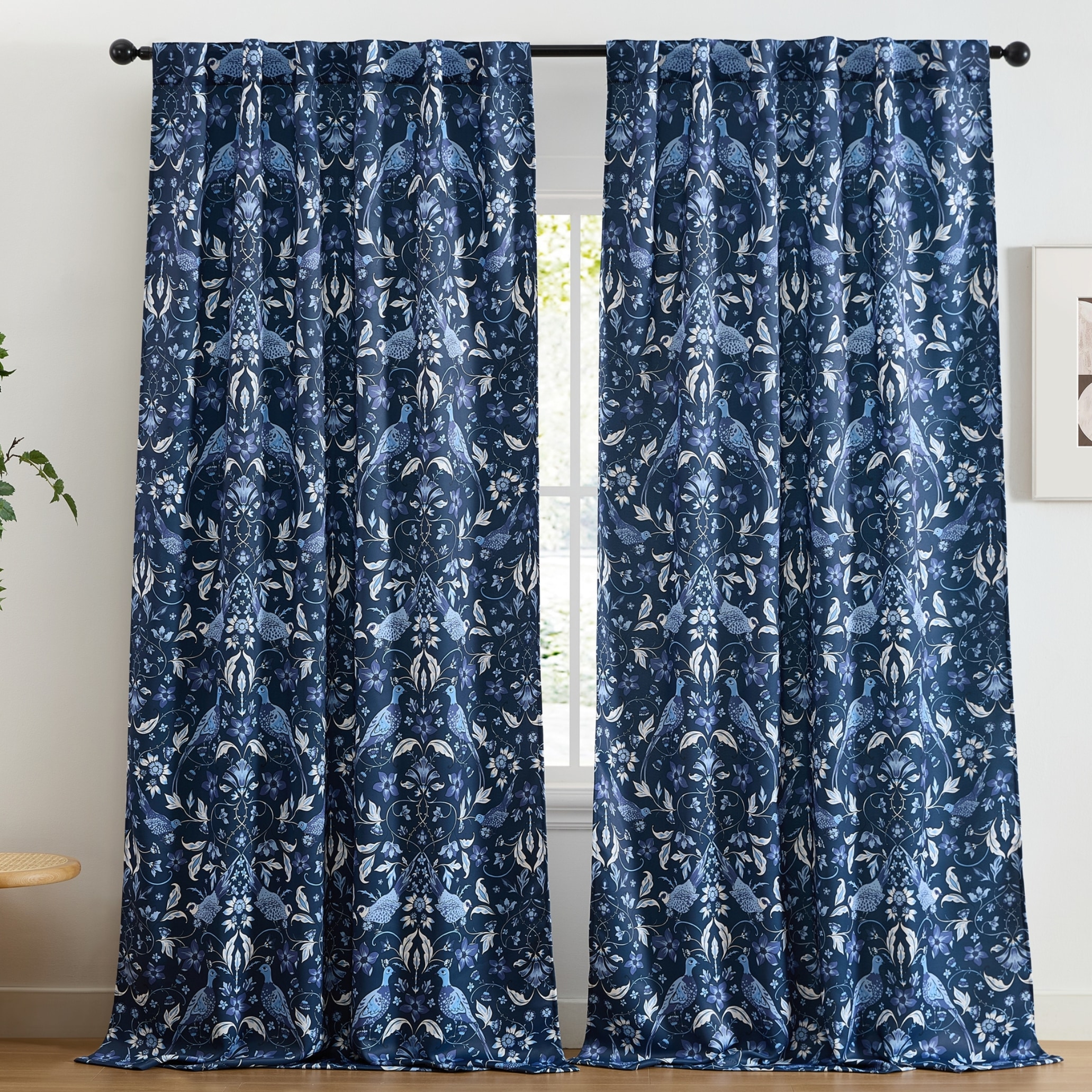 HLC.me FLRNC-84-INDGO Florence Floral and Birds Patterned Window Back Tab Rod Pocket Curtains Bedroom - Light Blocking Darkening Window Panels - Set of 2