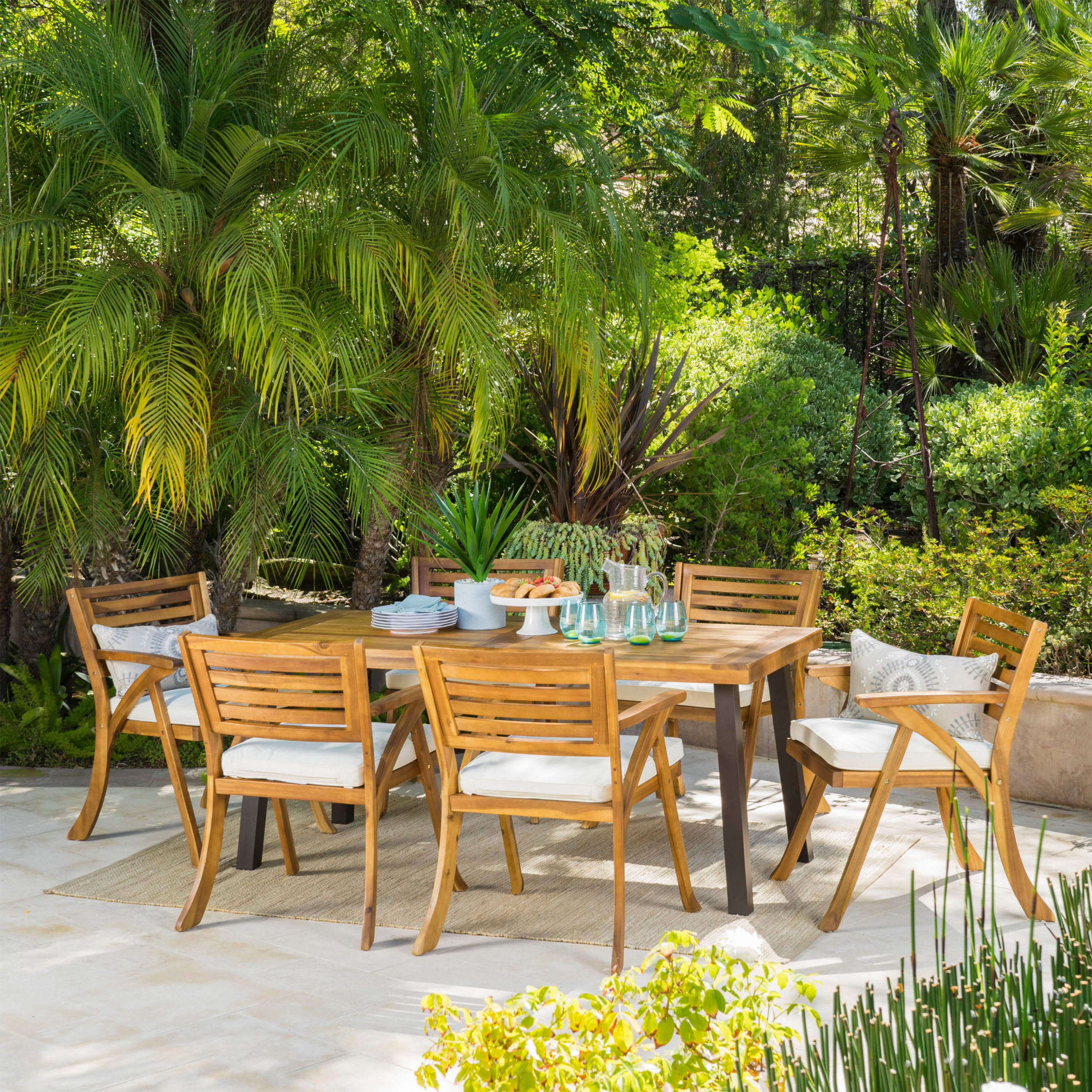 Best Selling Home Decor 298198L 7 -Piece Teak Patio Dining Set Wood Rectangle Table with 6 Off-white Cushions Stationary Chairs