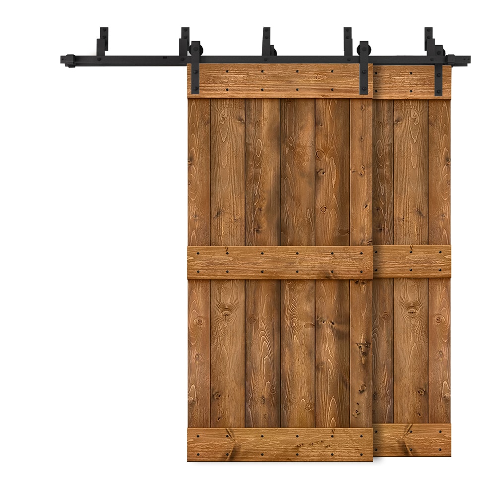 CALHOME 6XBP+MK96+(2)03-48BT 96-in x 84-in Walnut Knotty pine Wood Solid core Double Bypass Barn Door (Hardware Included)