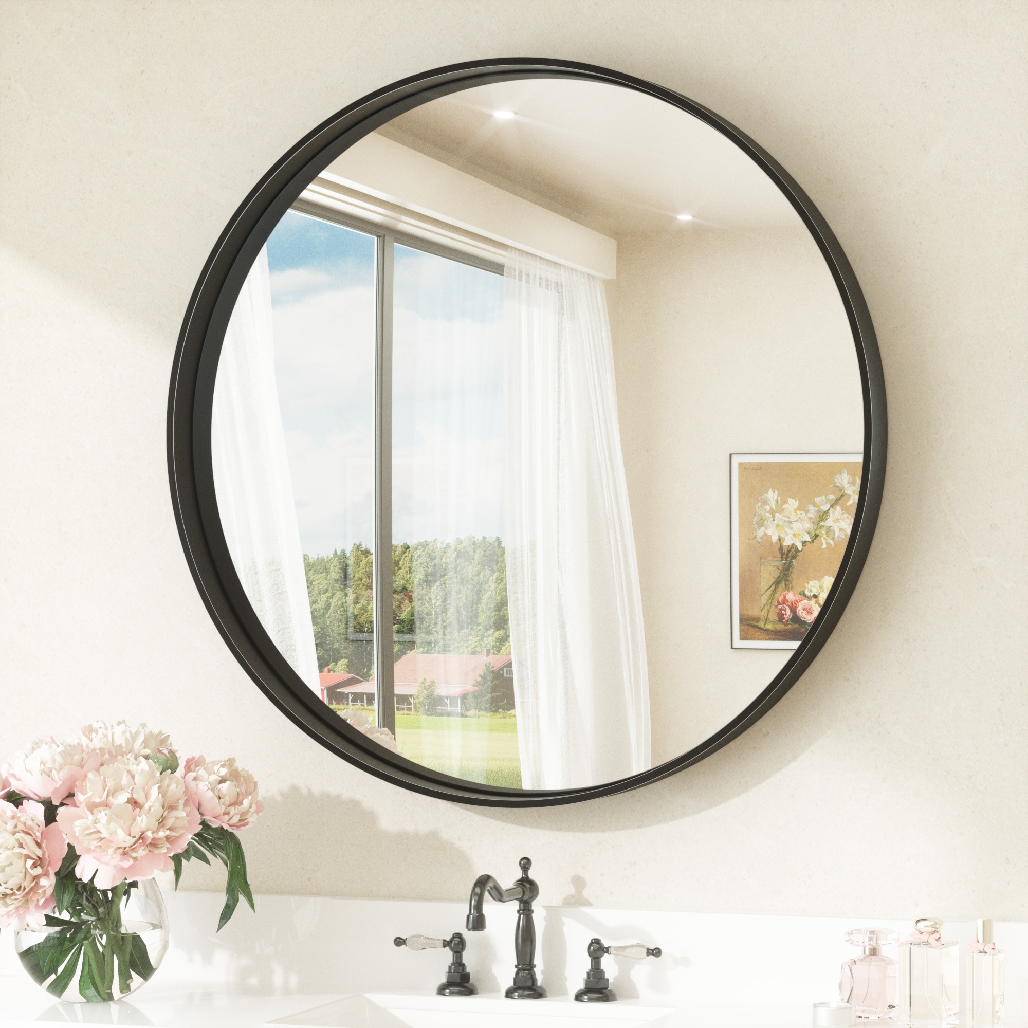 Keonjinn LW-JZ-YXJSK-R76BK Bathroom Mirrors 30-Inches W x 30-Inches H Round Matte Black Framed Wall Mirror