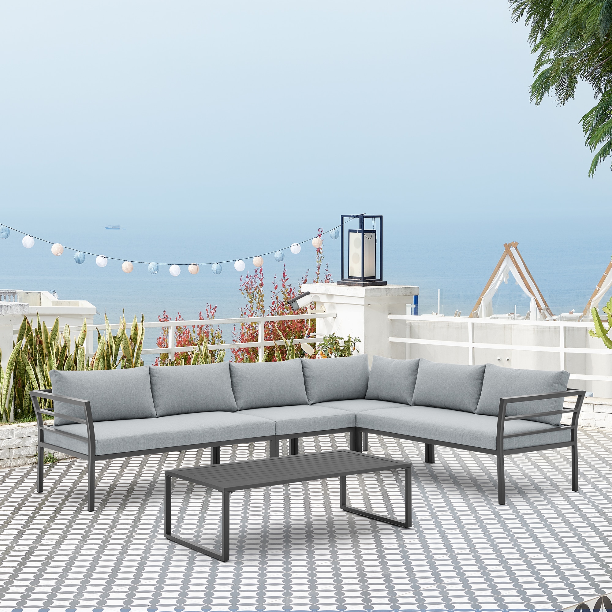 Manhattan Comfort OD-CV026-GY Vine 5 -Piece Patio Conversation Set with Gray Cushions