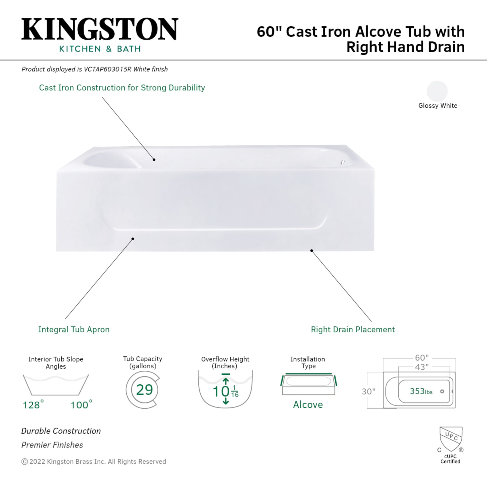 Kingston Brass UVCTAP603015R bathtubs - View #3