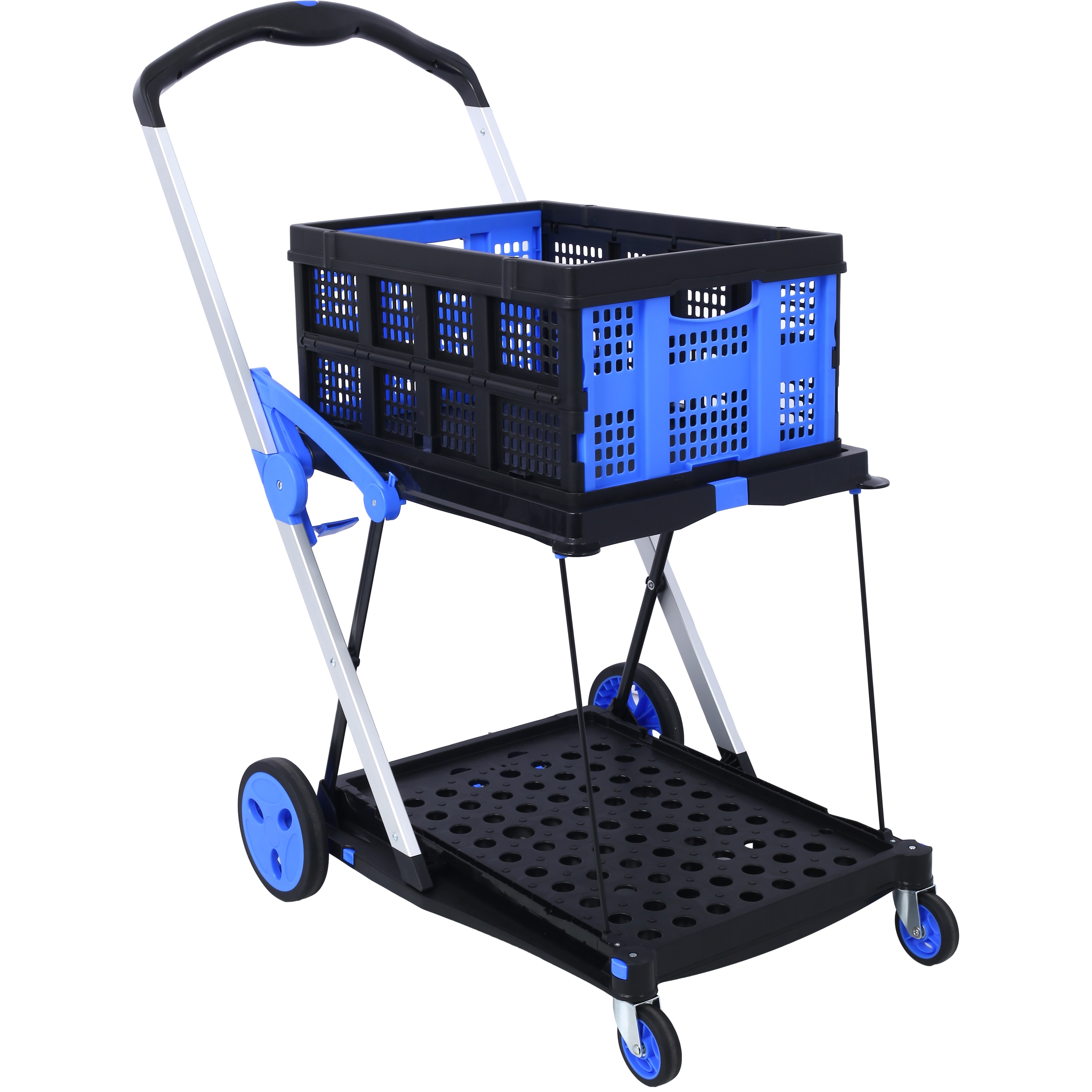 Tatayosi P-DJ-P145345 Blue 2-Tier Collapsible Utility CartMulti Use Functional Collapsible Shopping Carts with Baskets