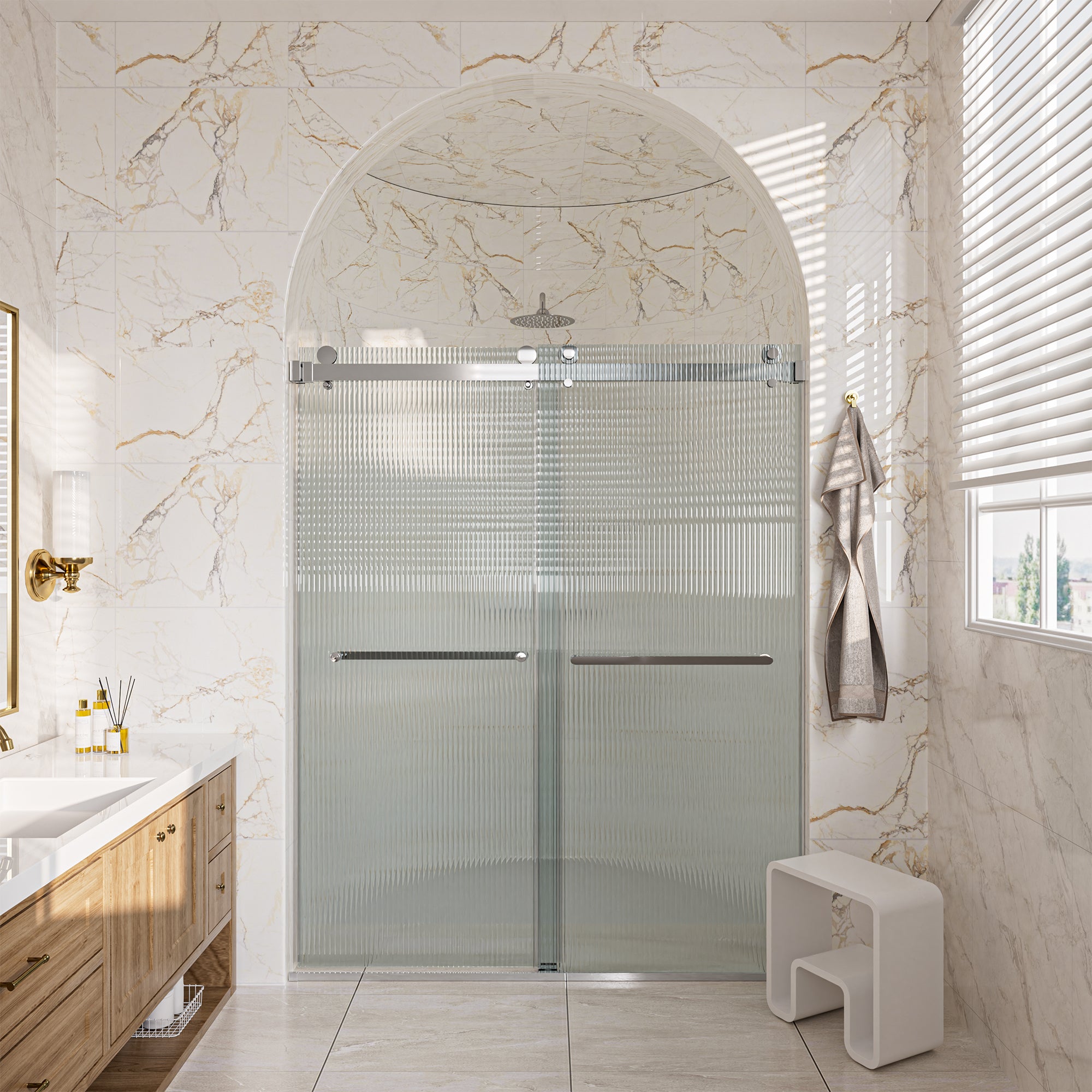 Boyel Living BL13DE016076CH 60 in. W x 76 in. H Framless Double Sliding Shower Door in Chrome with 3/8 in. Fluted Glass