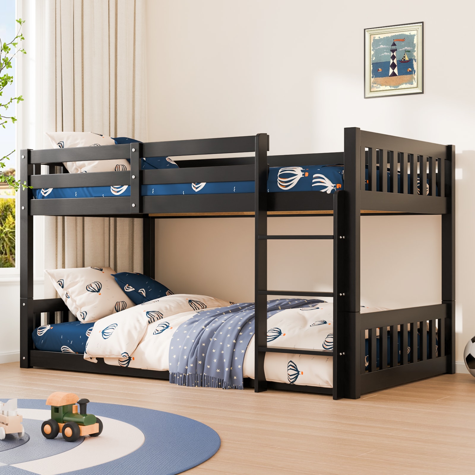 JOYMOR 79L x 41W x 48H Solid Wood Low Twin Over Twin Bunk Bed for Kids No Box Spring Needed Black