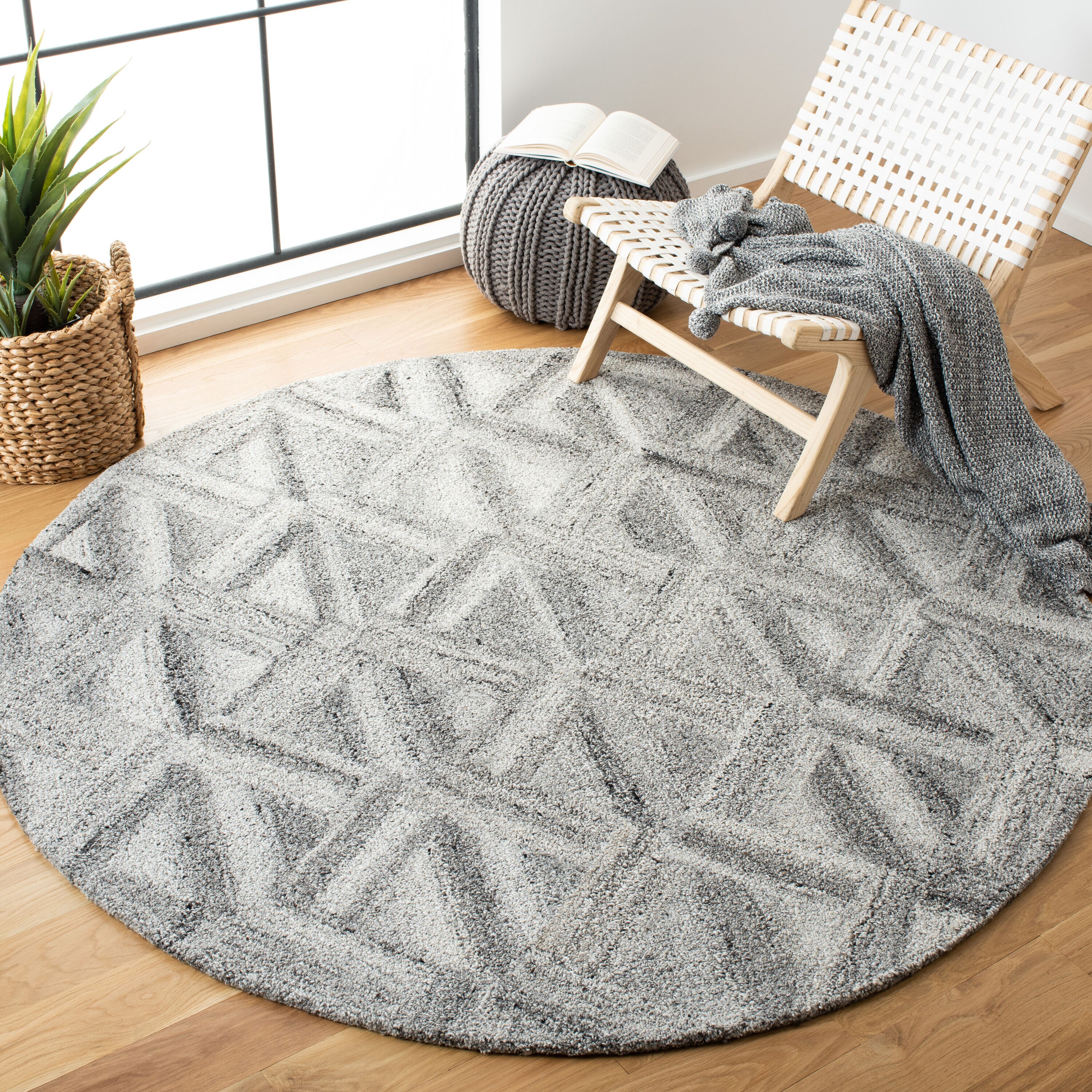  Abstract 607 Gray/Black Contemporary 6ft x 6ft Round Rug
