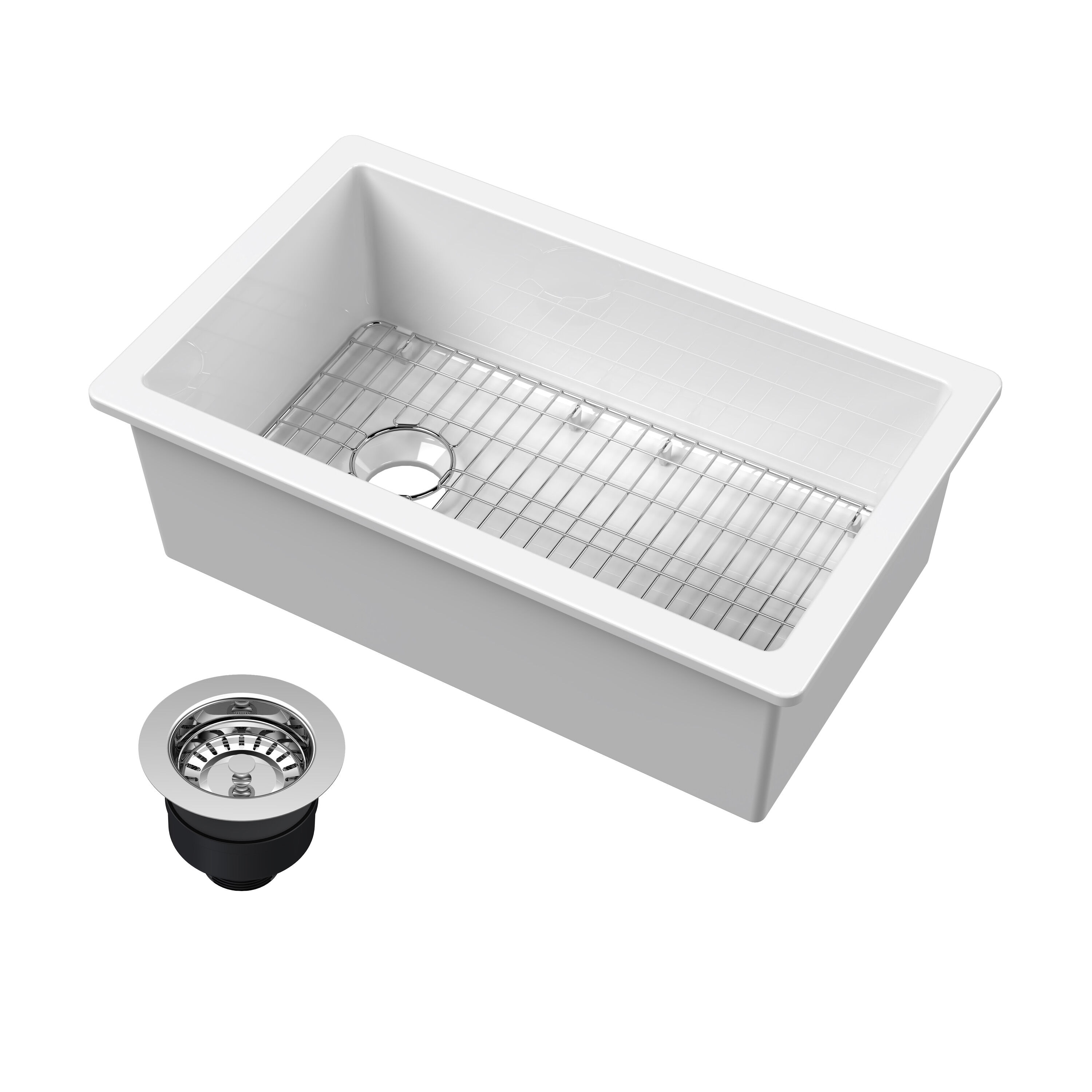 nuie Undermount Kitchen Sink 31-in x 19-in x 10-in Fireclay Single Bowl Kitchen Sink with Wire Grid Drainer and Chrome Drain #15031GLSSW