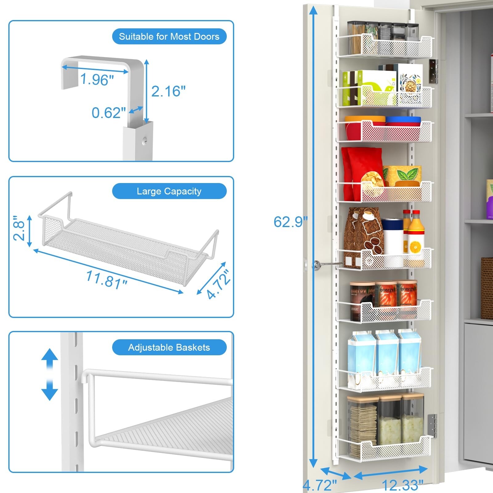 Etokfoks 8 Shelf White Over the Door Adjustable Basket Organizer for ...