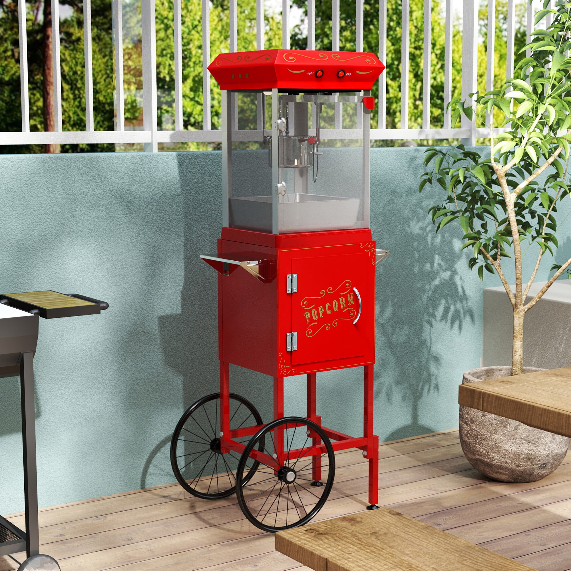 Tatayosi JJ-272023 Popcorn Machine with Cart with Wheels and 6 Oz Pot Popcorn Maker Stainless Steel Oil Spoon Mobile Cart with Lockers for Commercial Home Movie Theater Vintage Style Red