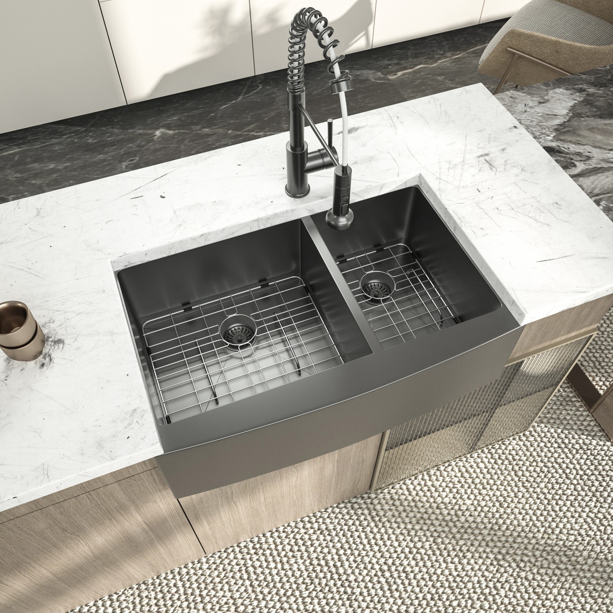 Lordear 60/40 Double Bowl Kitchen Sink Farmhouse Apron Front 33-in x 21 ...