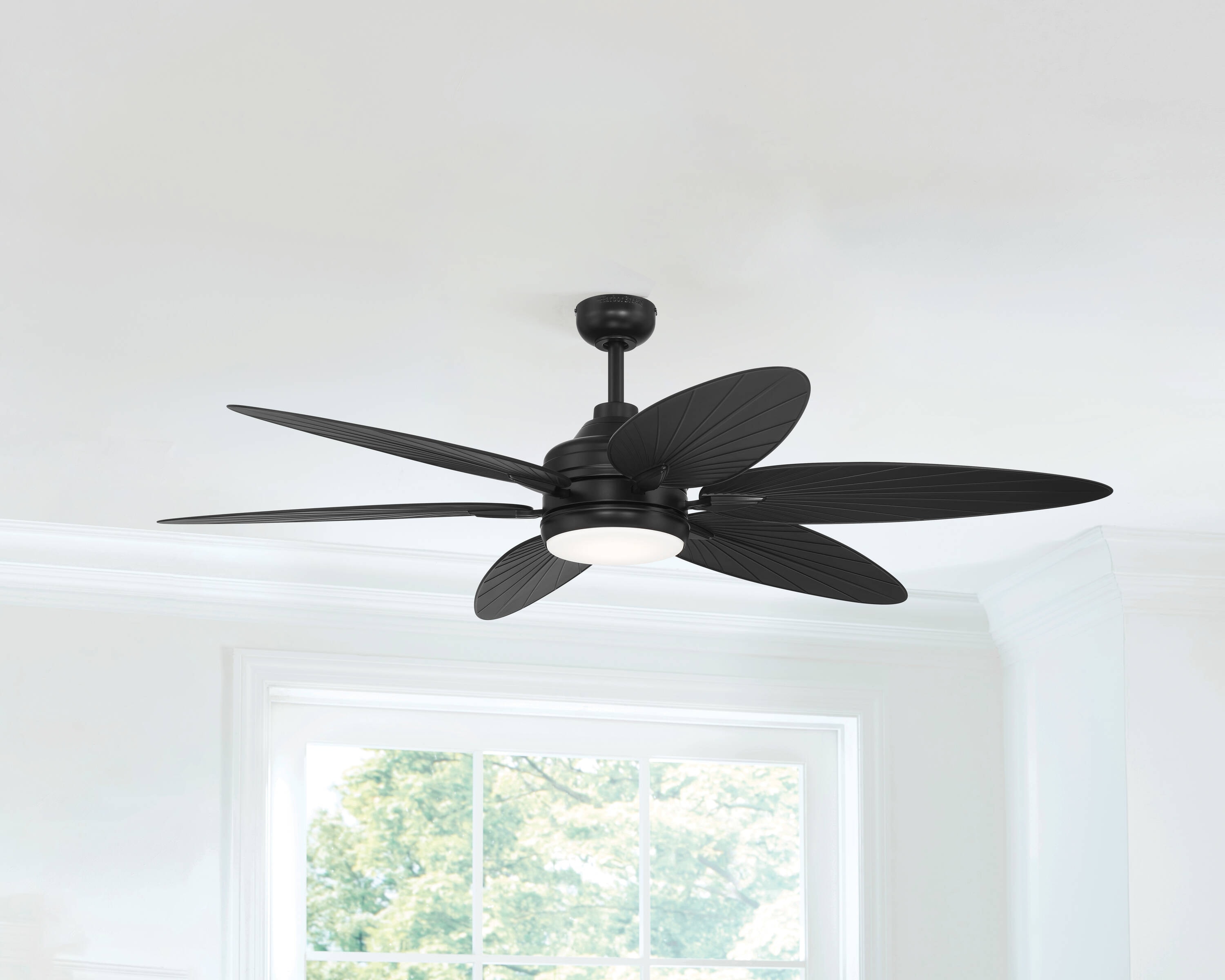 Harbor Breeze Kiawah 60-in Matte black Color-changing Integrated LED Indoor/Outdoor Downrod or Flush Mount Ceiling Fan with Light and Remote (6-Blade) -  KIA60MBK6LR