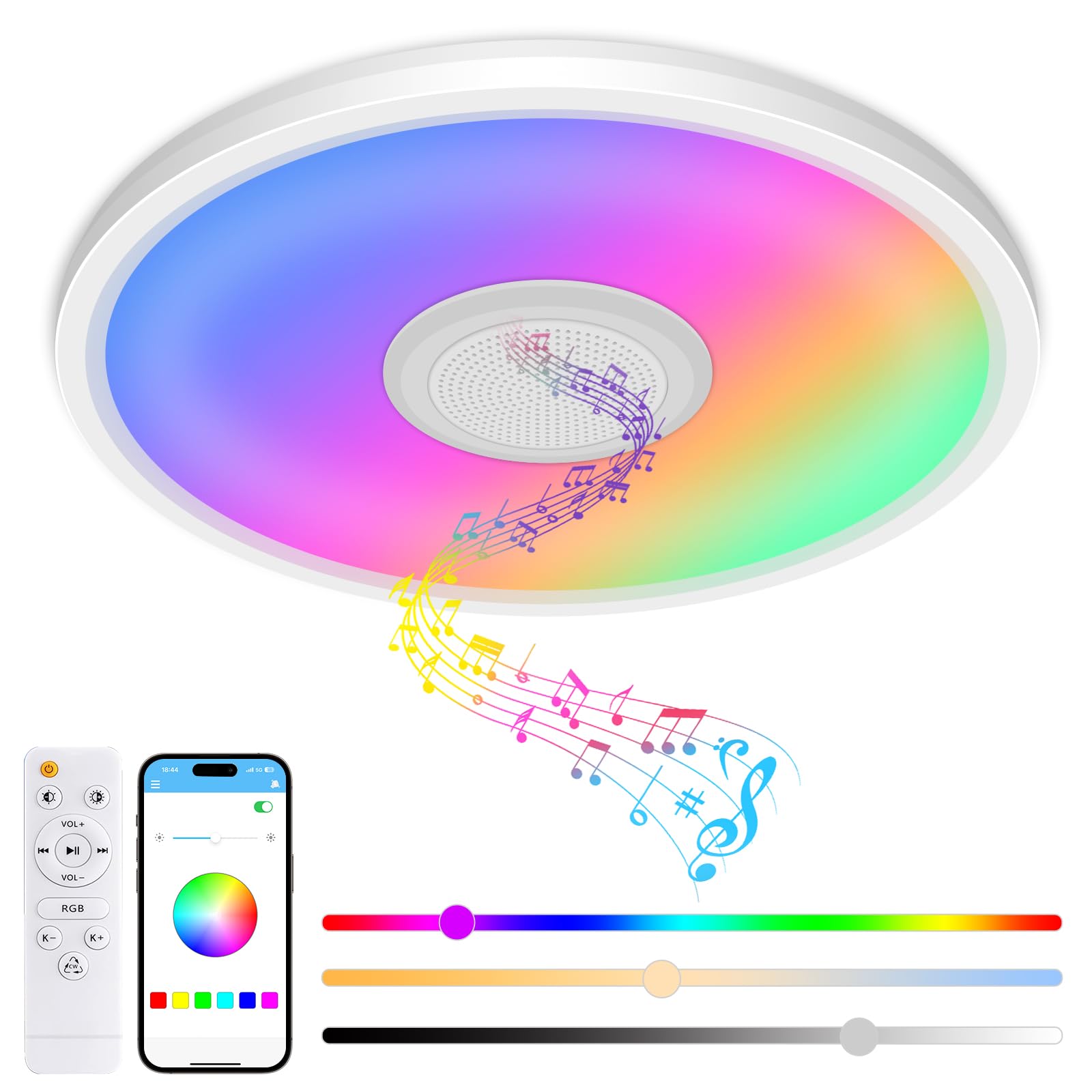Ahfiwaso  RGB Ceiling Light with Bluetooth Speaker 24W 12Inch Smart Music Light Dimmable Color Changing LED Flush Mount for Bathroom Shower