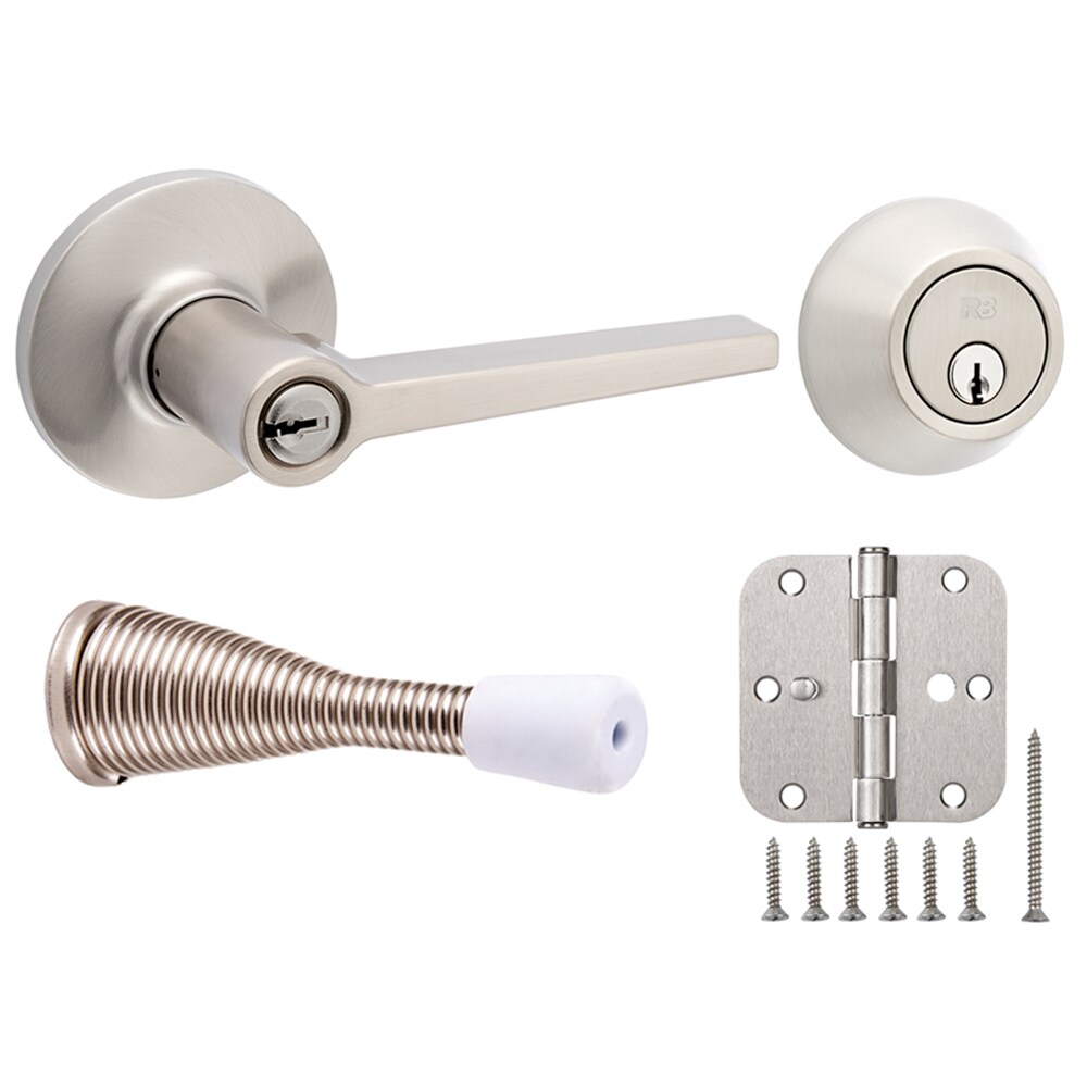RELIABILT  Dallas Single Cylinder Deadbolt Universal Keyed Entry Door Handle with matching 3-1/2-in H x 5/8-in Radius Interior Door Hinge and Door Stop Set in Black