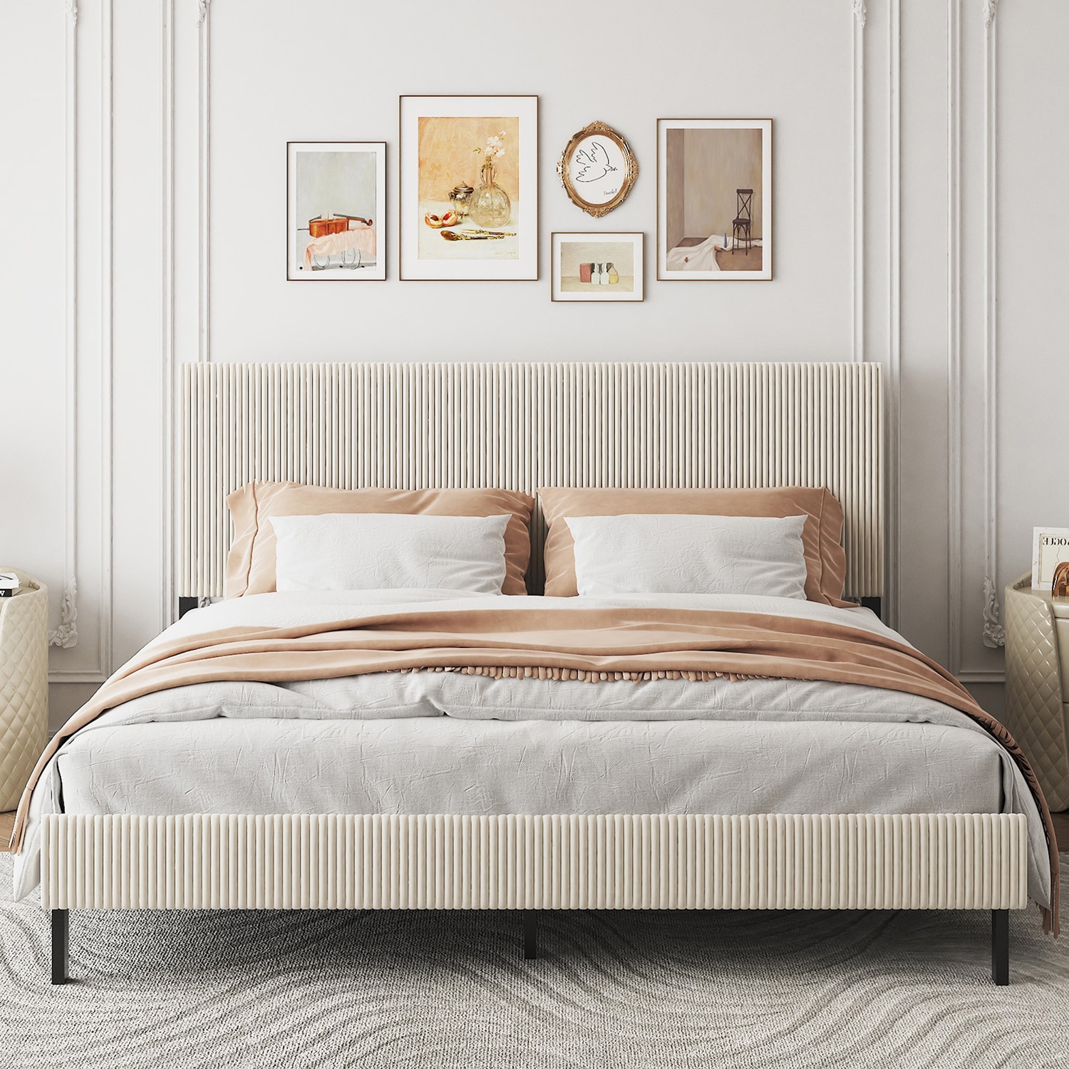 GZMR GZ-JH3659Q King bed frame with a bandaged headboard Beige King Metal Bed frame Bed with Storage