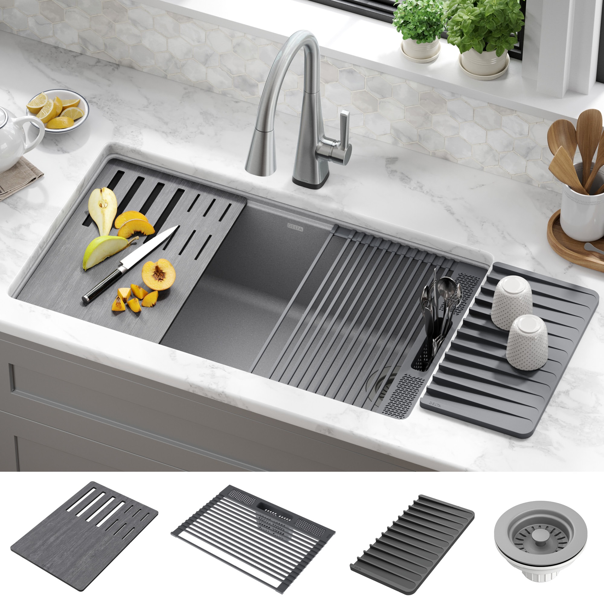 Delta 75B933-33S-DG Everest Undermount 32-in x 19-in Granite Single bowl Workstation Kitchen Sink with Drainboard