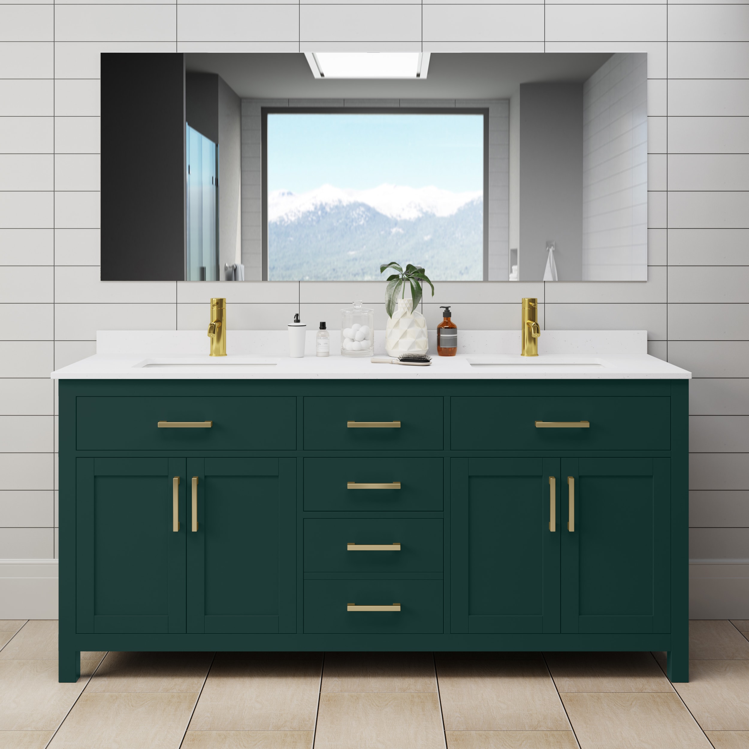 Wyndham Collection WCG242472DGDWCUNSMXX Beckett 72-in Green with Brushed Gold Trim Undermount Double sink Bathroom Vanity with White Cultured Marble Cultured marble Top