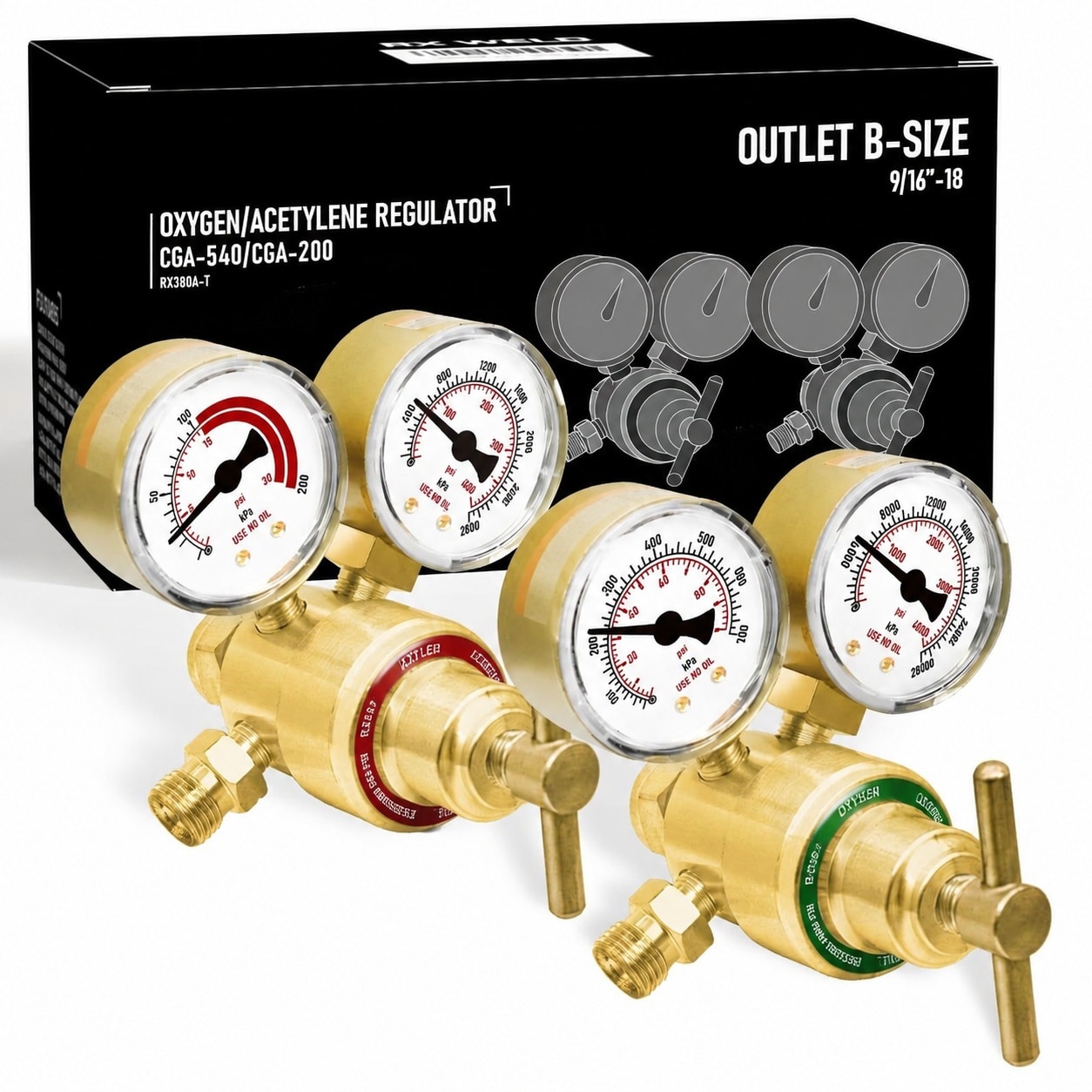 Adrinfly  Oxygen Acetylene Regulator Set CGA 540 Oxygen CGA 200 Acetylene for Small MC Tanks Outlet 9 slash 16 dash 18 B Size